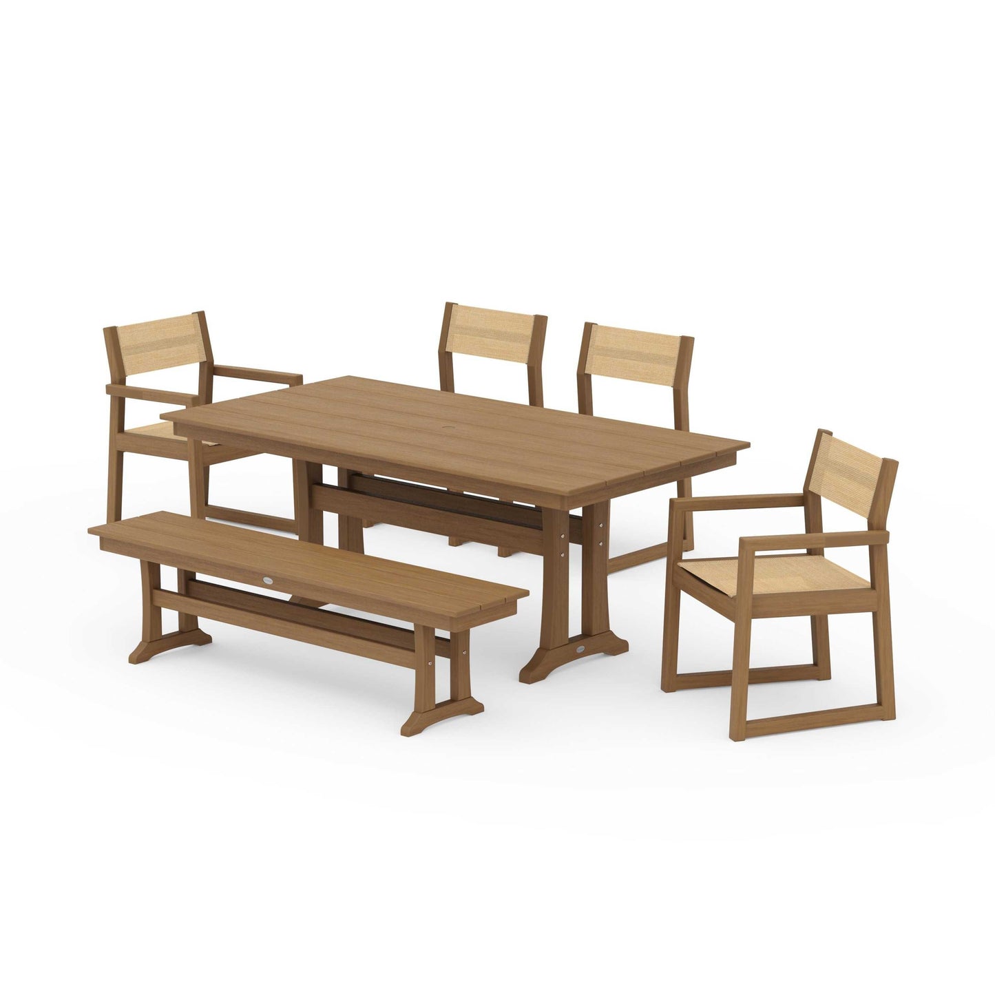 POLYWOOD EDGE Sling 6-Piece Farmhouse Dining Set With Trestle Legs — Natural / Dupioni Apricot Sling