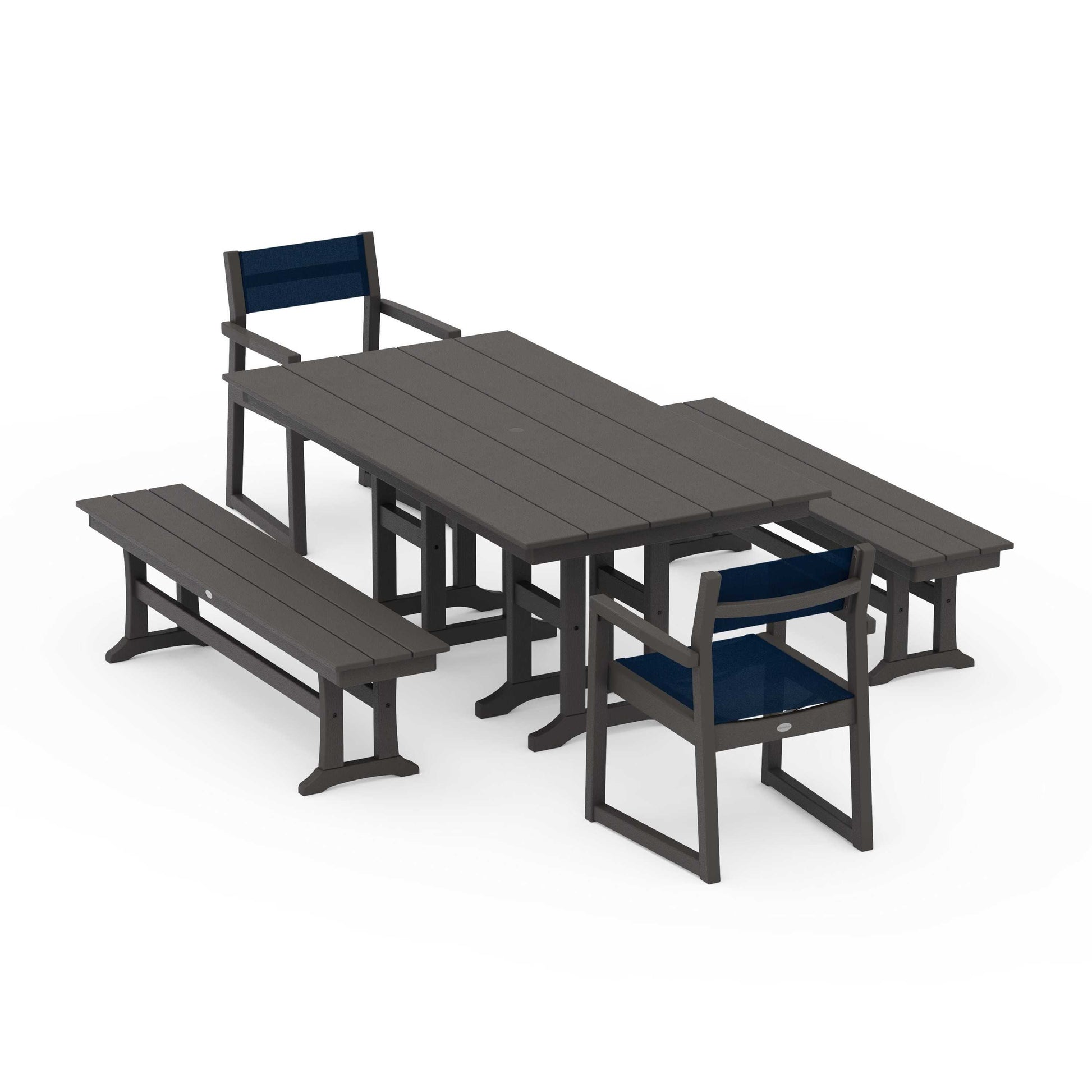 POLYWOOD EDGE Sling Arm Chair 5-Piece Farmhouse Dining Set with Benches — Vintage Coffee / Navy Blue Sling