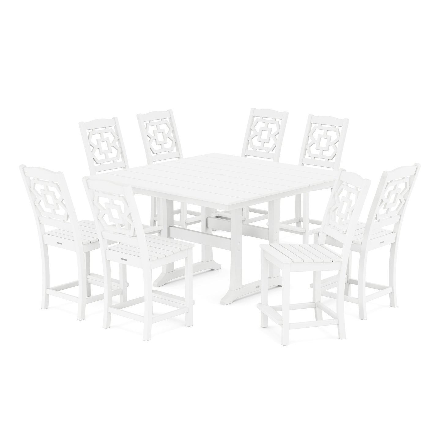 POLYWOOD Chinoiserie 9-Piece Square Farmhouse Side Chair Counter Set with Trestle Legs — White