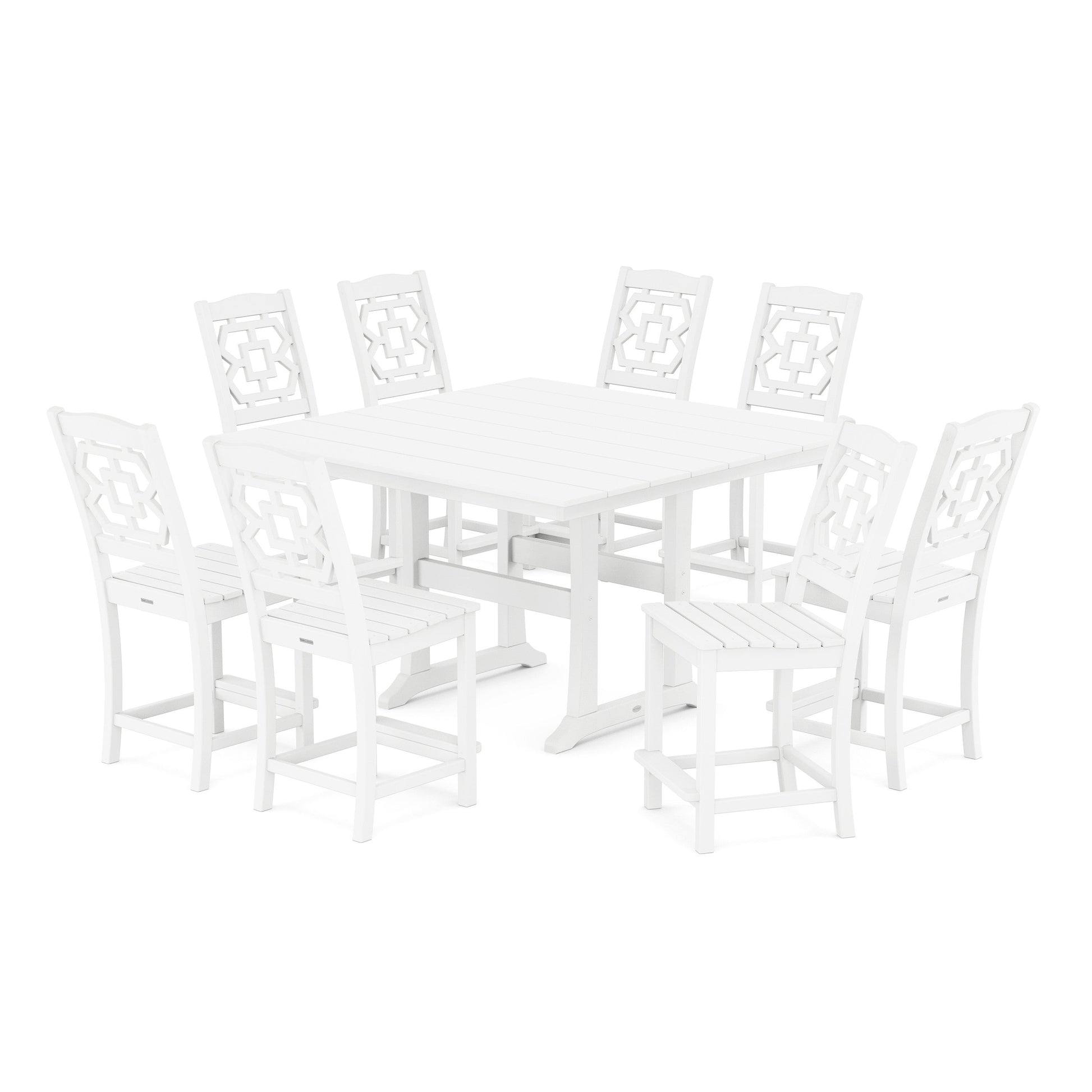 POLYWOOD Chinoiserie 9-Piece Square Farmhouse Side Chair Counter Set with Trestle Legs — White
