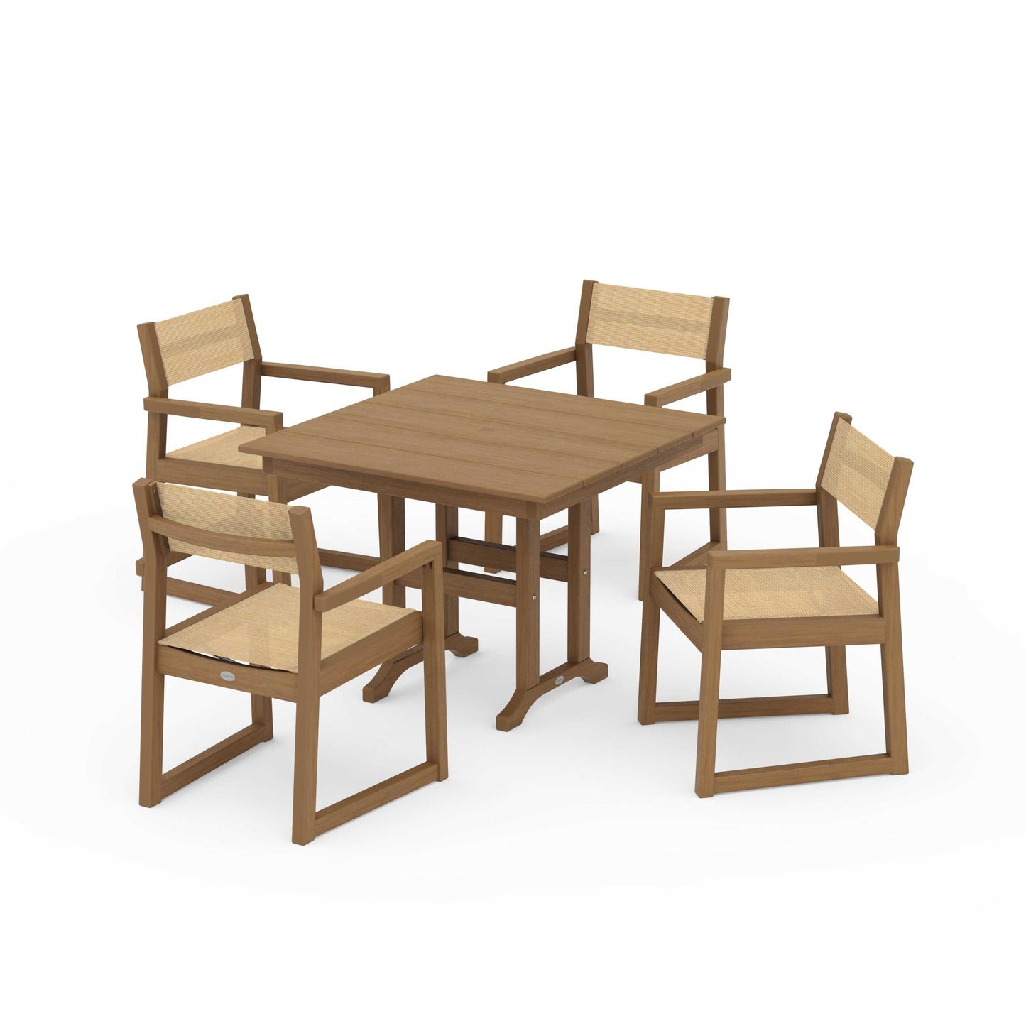 POLYWOOD EDGE Sling Arm Chair 5-Piece Farmhouse Dining Set — Natural / Dupioni Apricot Sling