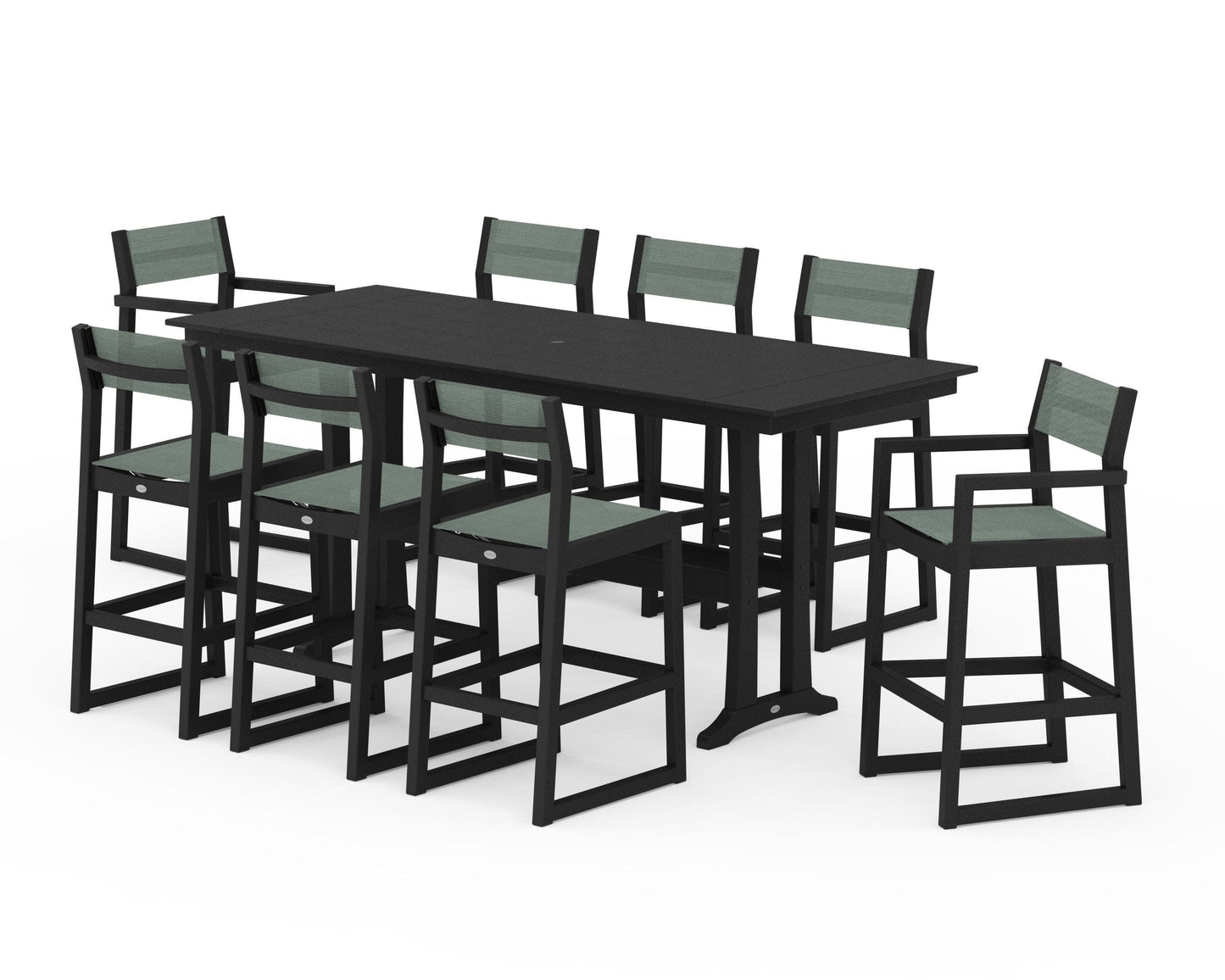 POLYWOOD EDGE Sling 9-Piece Farmhouse Bar Set with Trestle Legs — Black / Dupioni Sea Mist Sling
