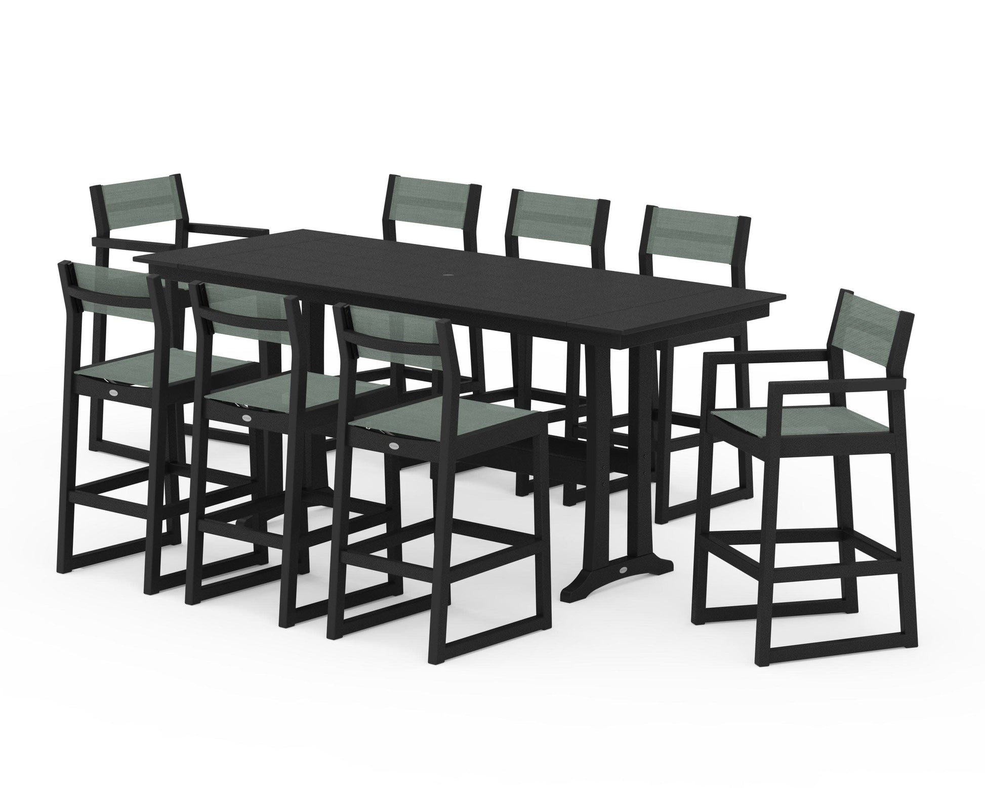 POLYWOOD EDGE Sling 9-Piece Farmhouse Bar Set with Trestle Legs — Black / Dupioni Sea Mist Sling