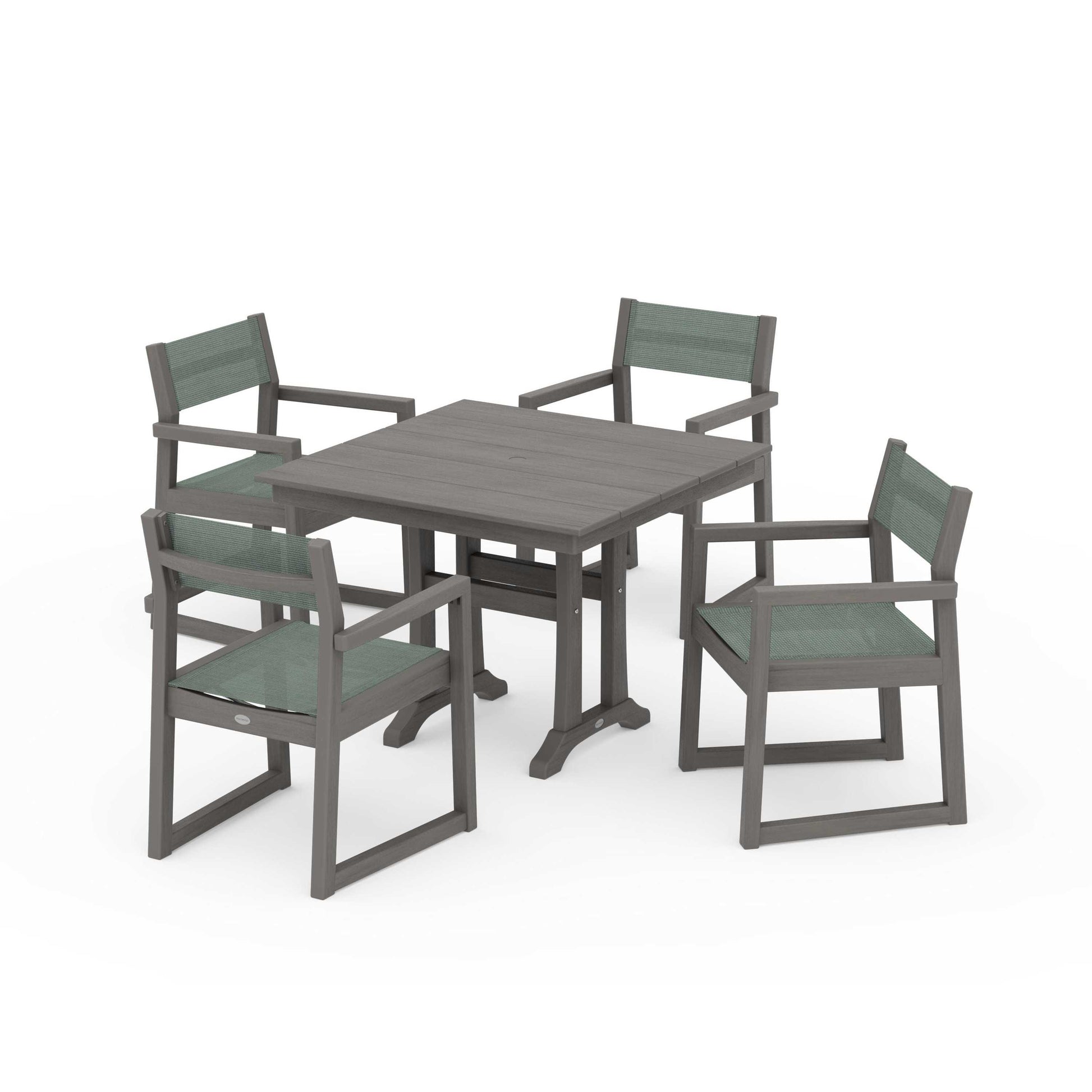 POLYWOOD EDGE Sling 5-Piece Farmhouse Dining Set with Trestle Legs — Driftwood / Dupioni Sea Mist Sling