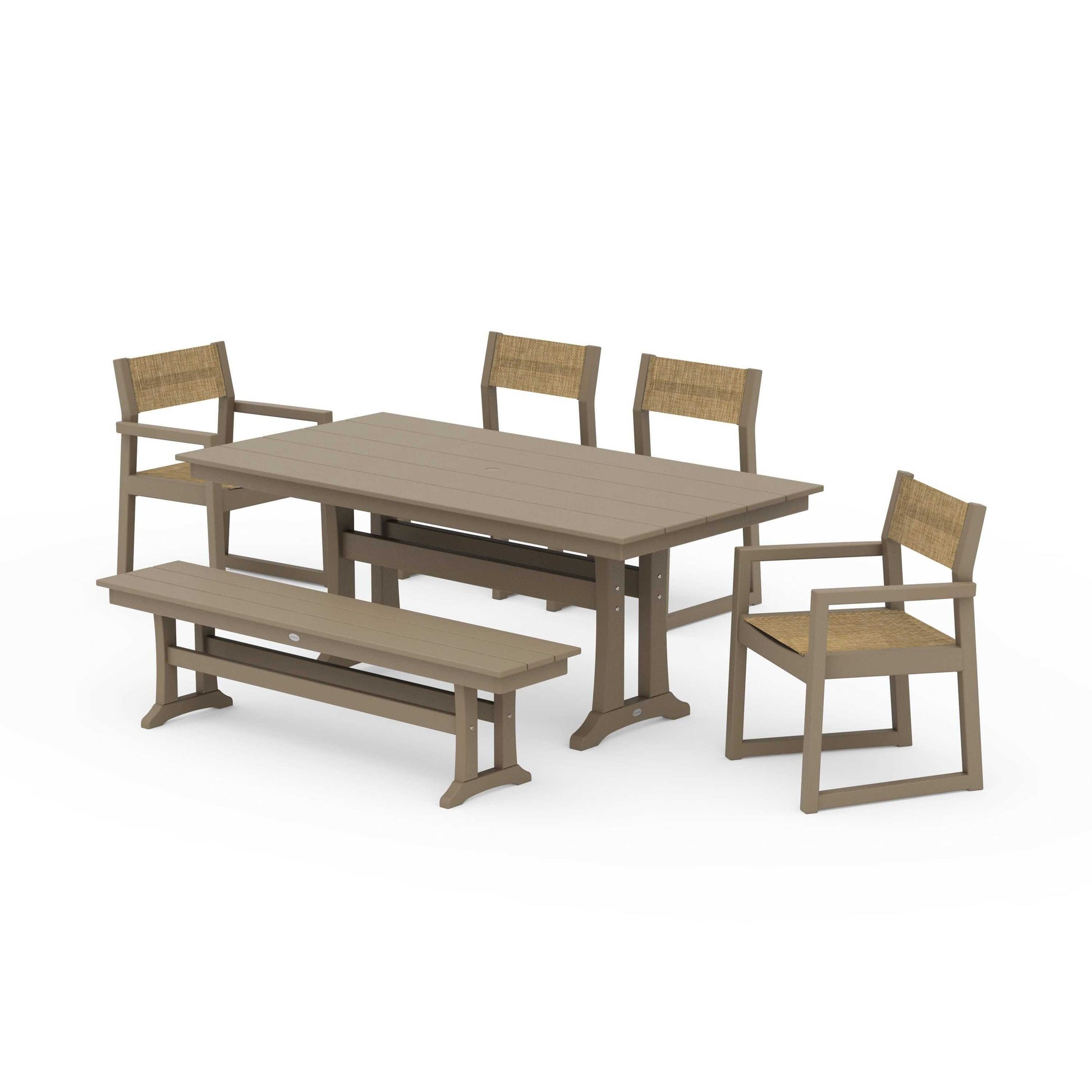 POLYWOOD EDGE Sling 6-Piece Farmhouse Dining Set With Trestle Legs — Vintage Sahara / Burlap Sling