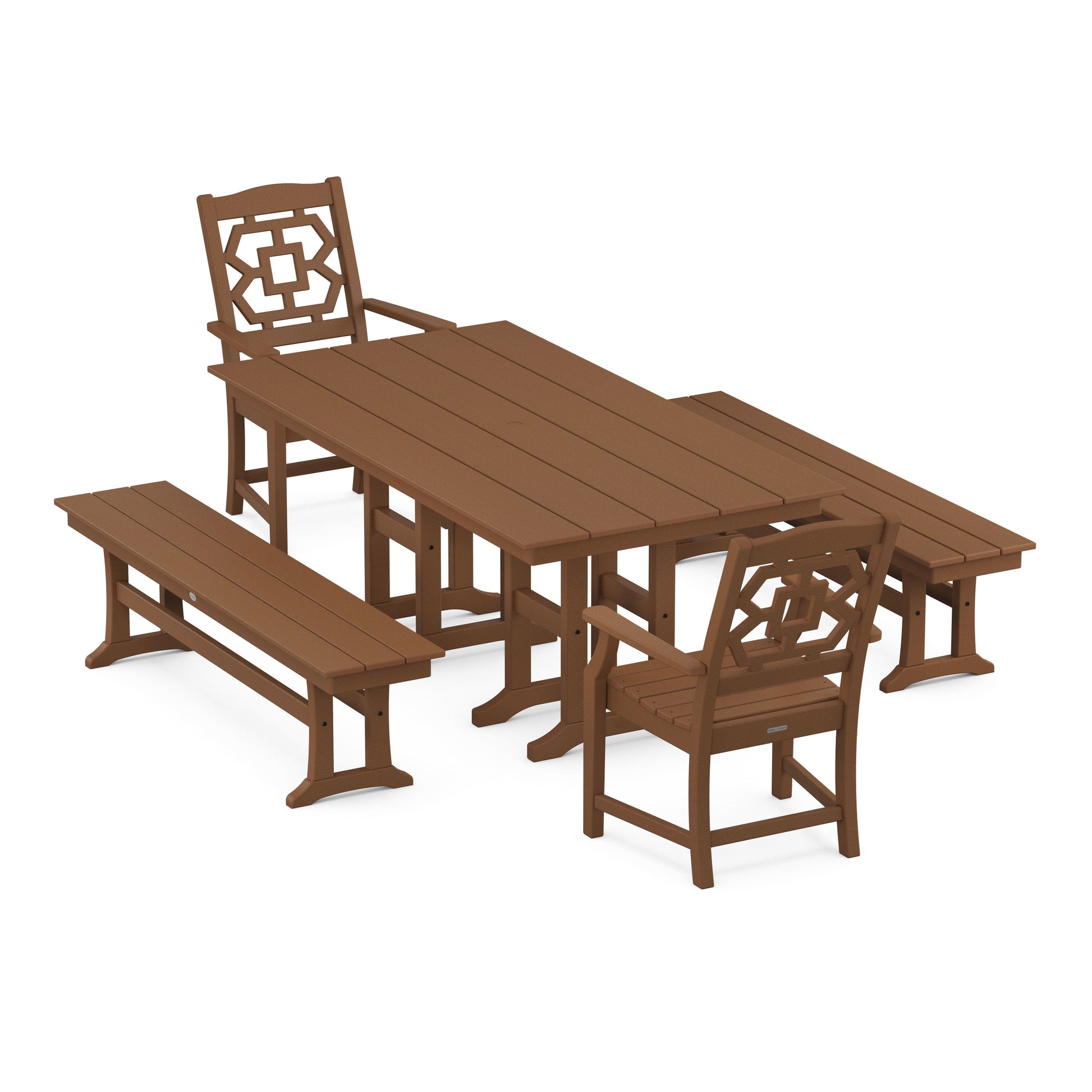 POLYWOOD Chinoiserie 5-Piece Farmhouse Dining Set with Benches — Teak