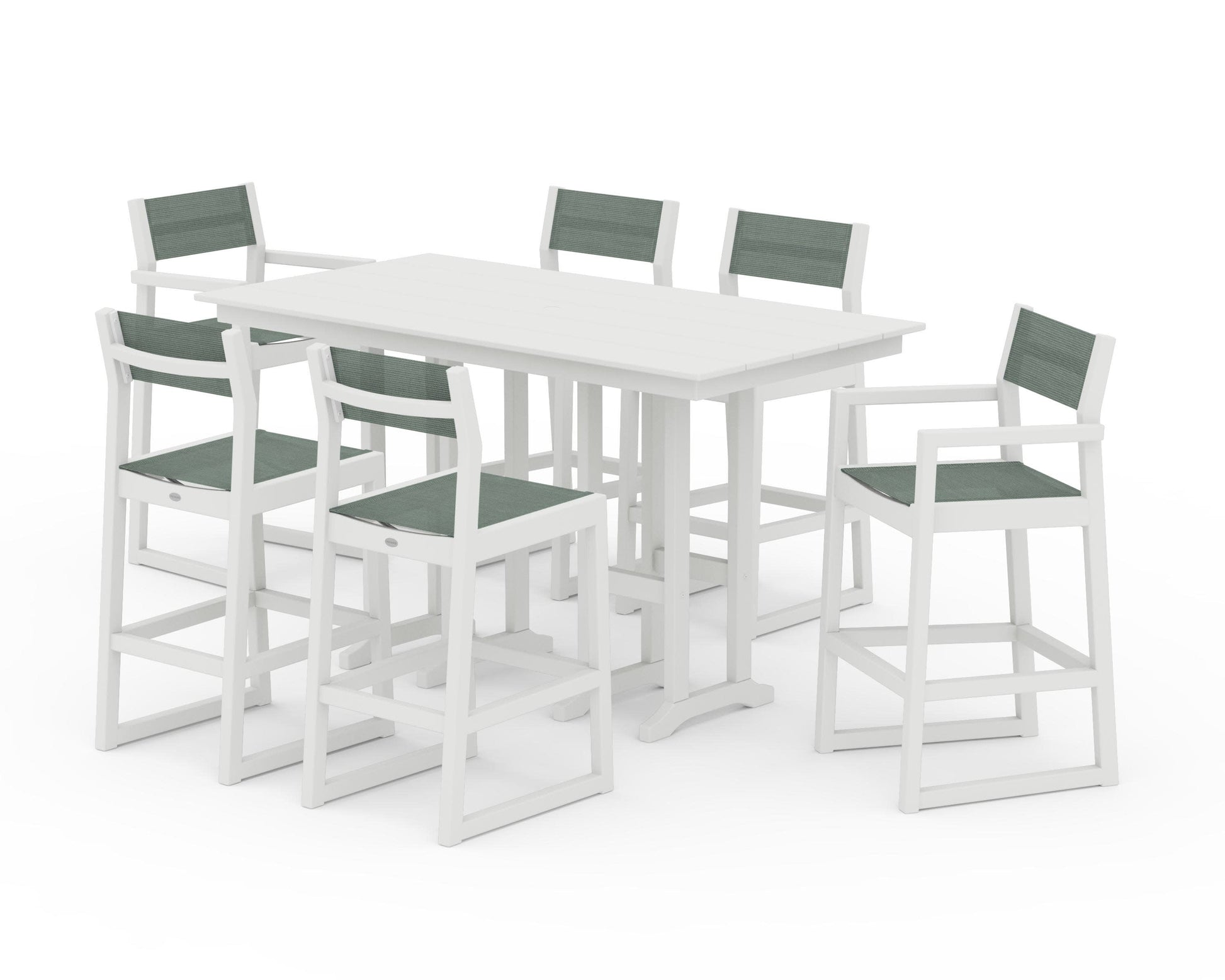 POLYWOOD EDGE Sling 7-Piece Farmhouse Bar Set — White / Dupioni Sea Mist Sling