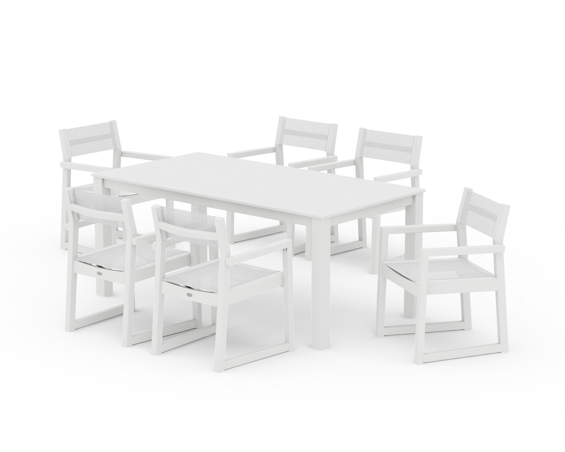 POLYWOOD EDGE Sling Arm Chair 7-Piece Parsons Dining Set — White / White Sling
