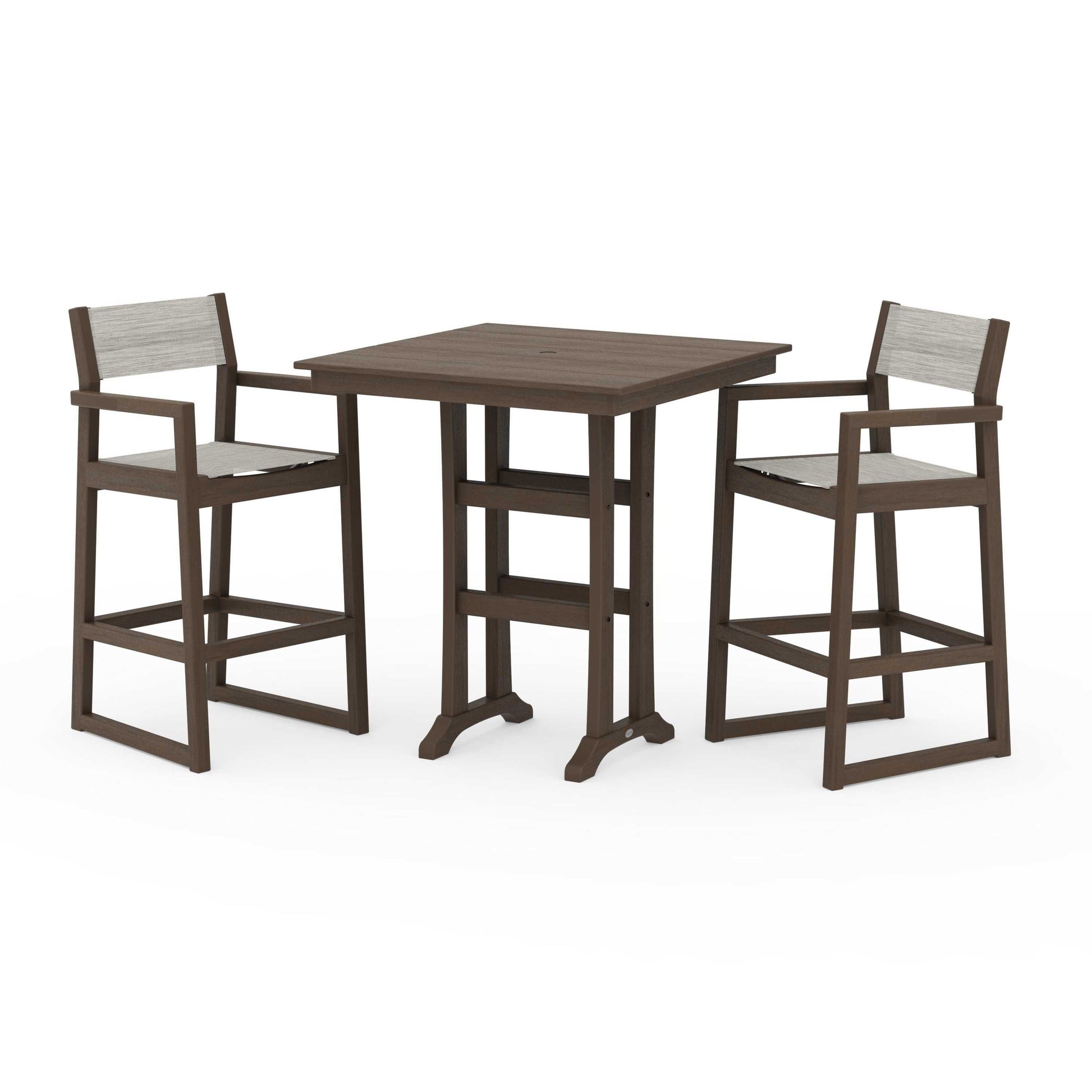POLYWOOD EDGE Sling Arm Chair 3-Piece Farmhouse Bar Set with Trestle Legs — Kona / Birch Sling