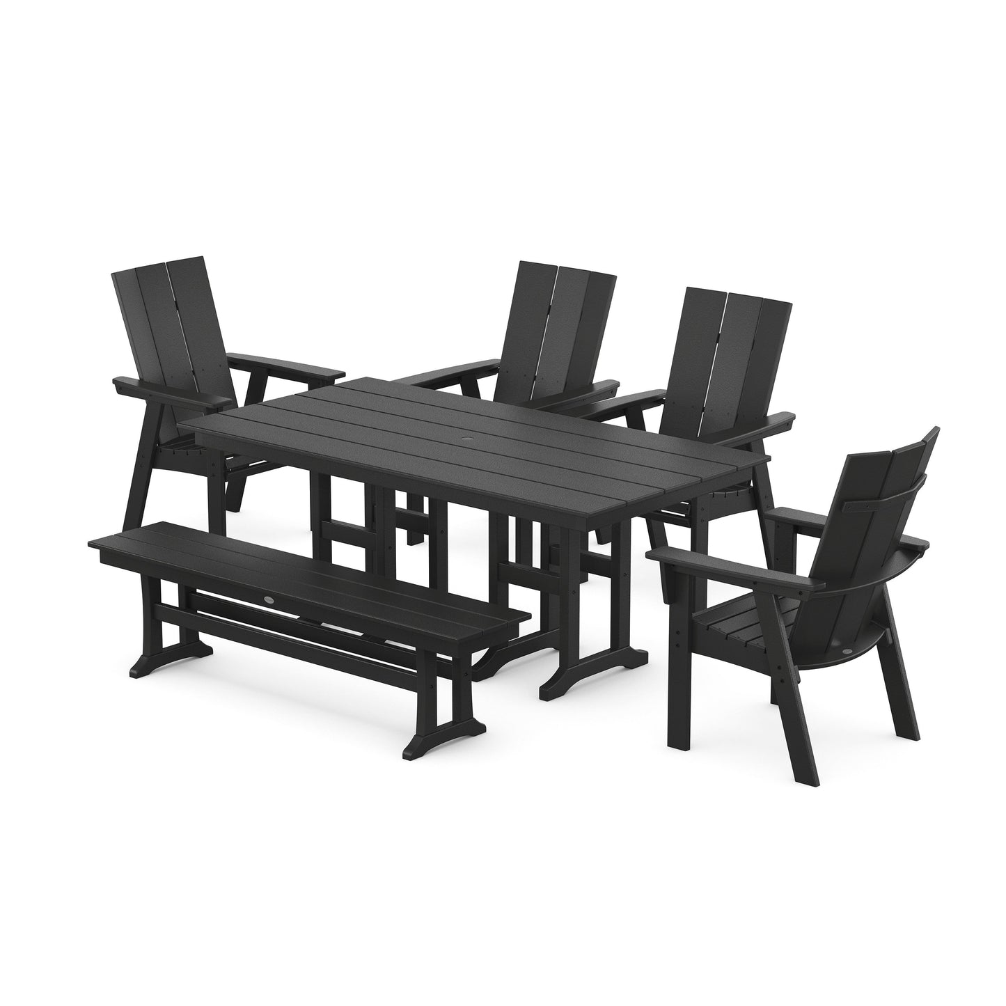 POLYWOOD Modern Curveback Adirondack 6-Piece Farmhouse Dining Set with Bench — Black