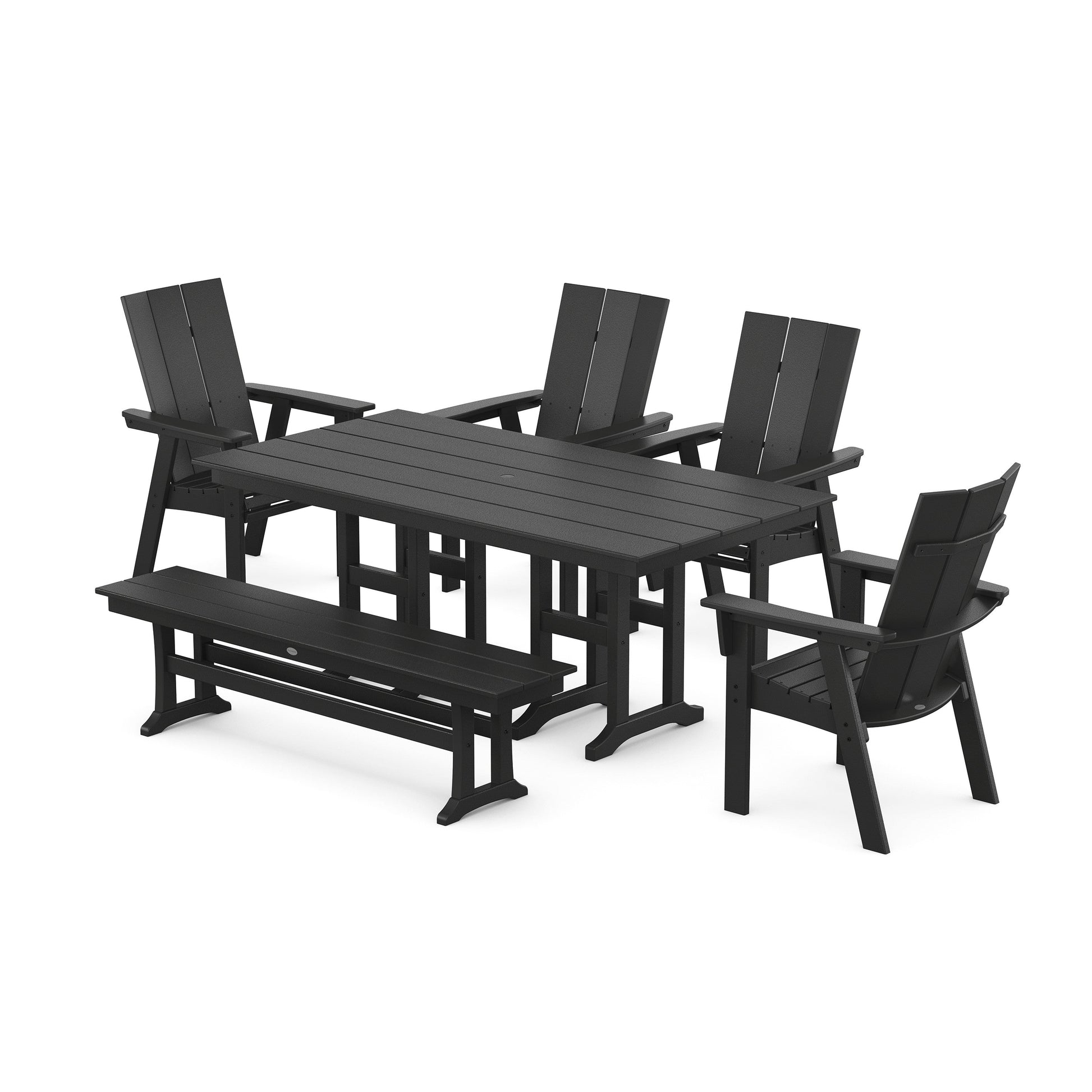POLYWOOD Modern Curveback Adirondack 6-Piece Farmhouse Dining Set with Bench — Black