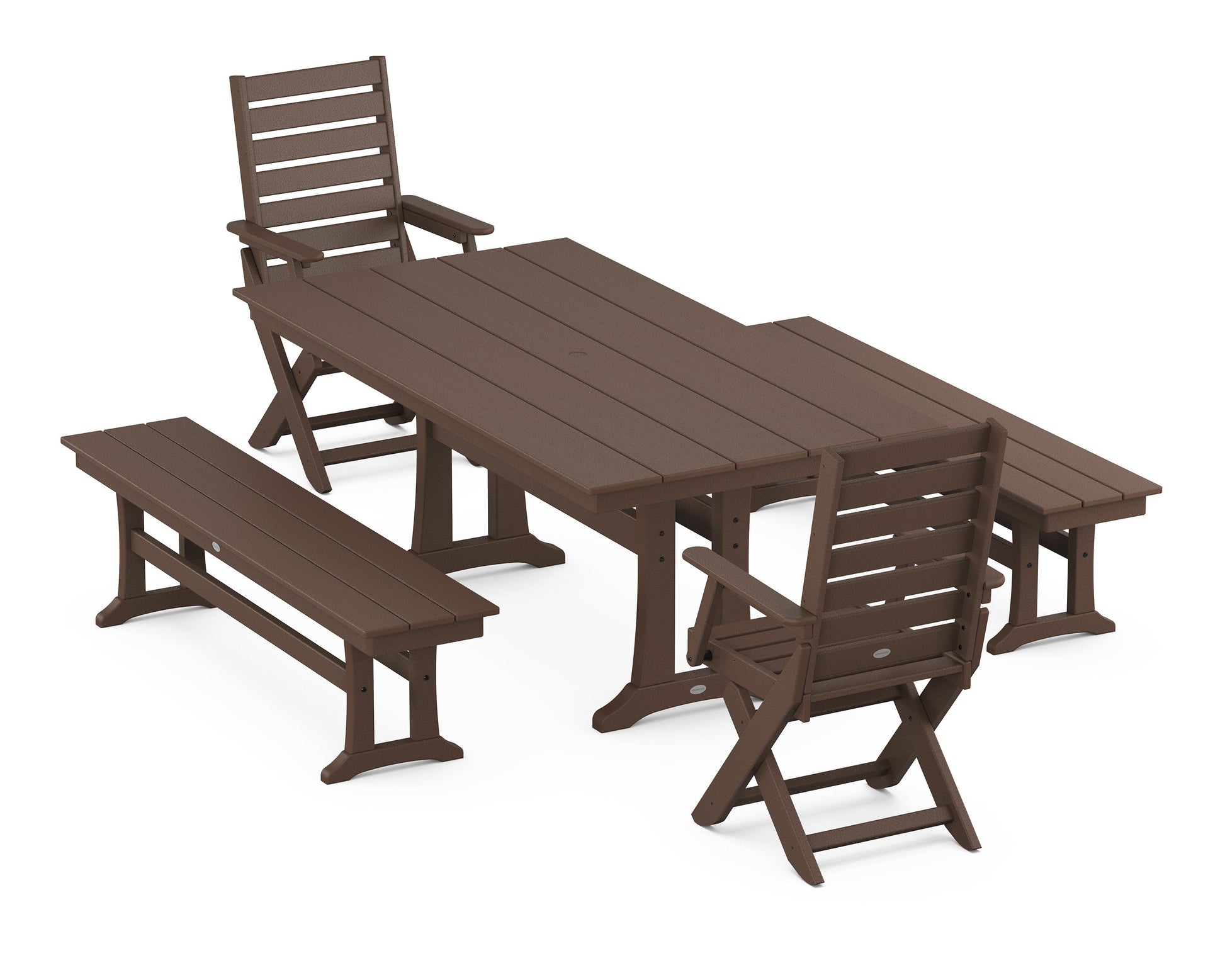 POLYWOOD Captain Folding Chair 5-Piece Farmhouse Dining Set With Trestle Legs — Mahogany