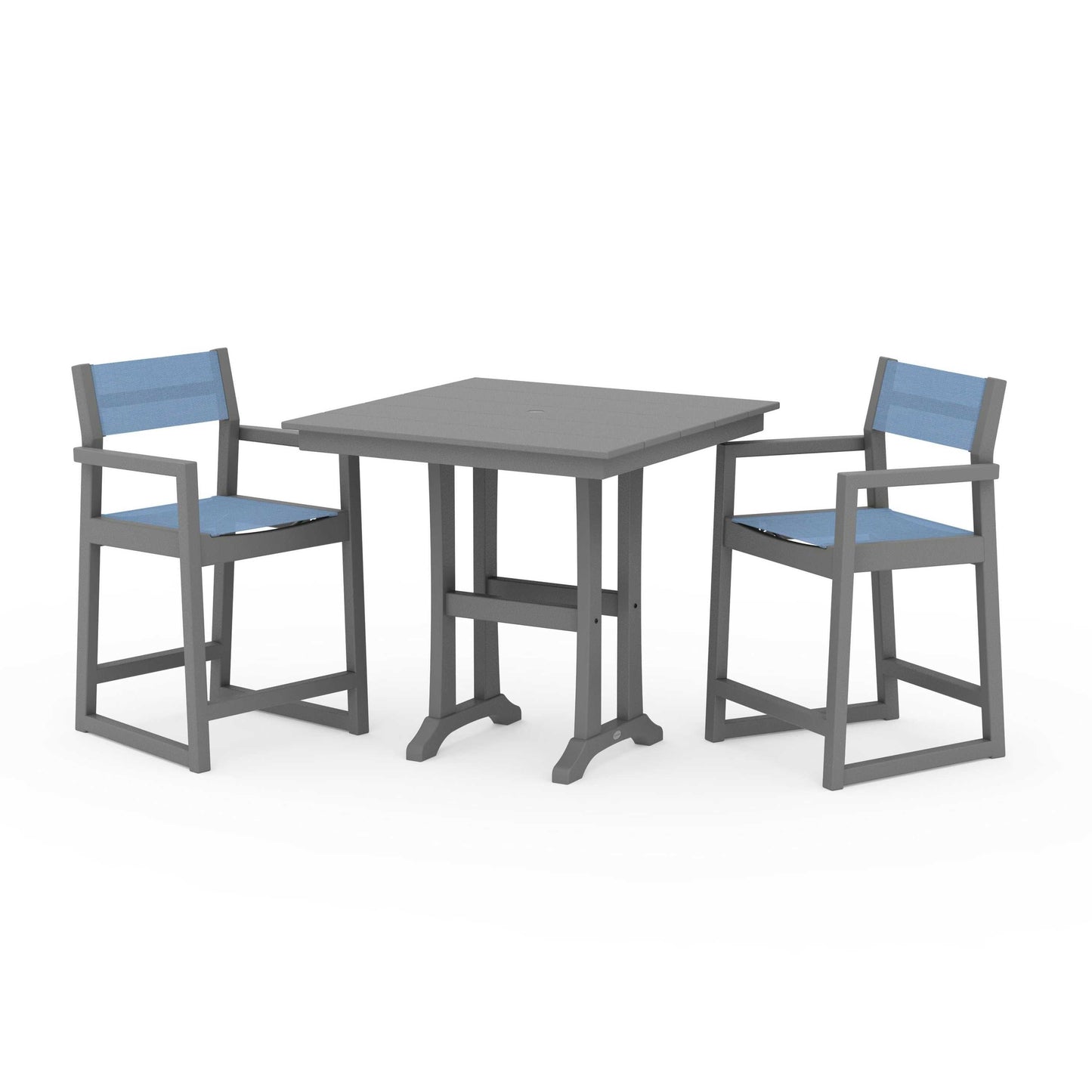 POLYWOOD EDGE Sling Arm Chair 3-Piece Farmhouse Counter Set with Trestle Legs — Slate Grey / Poolside Sling