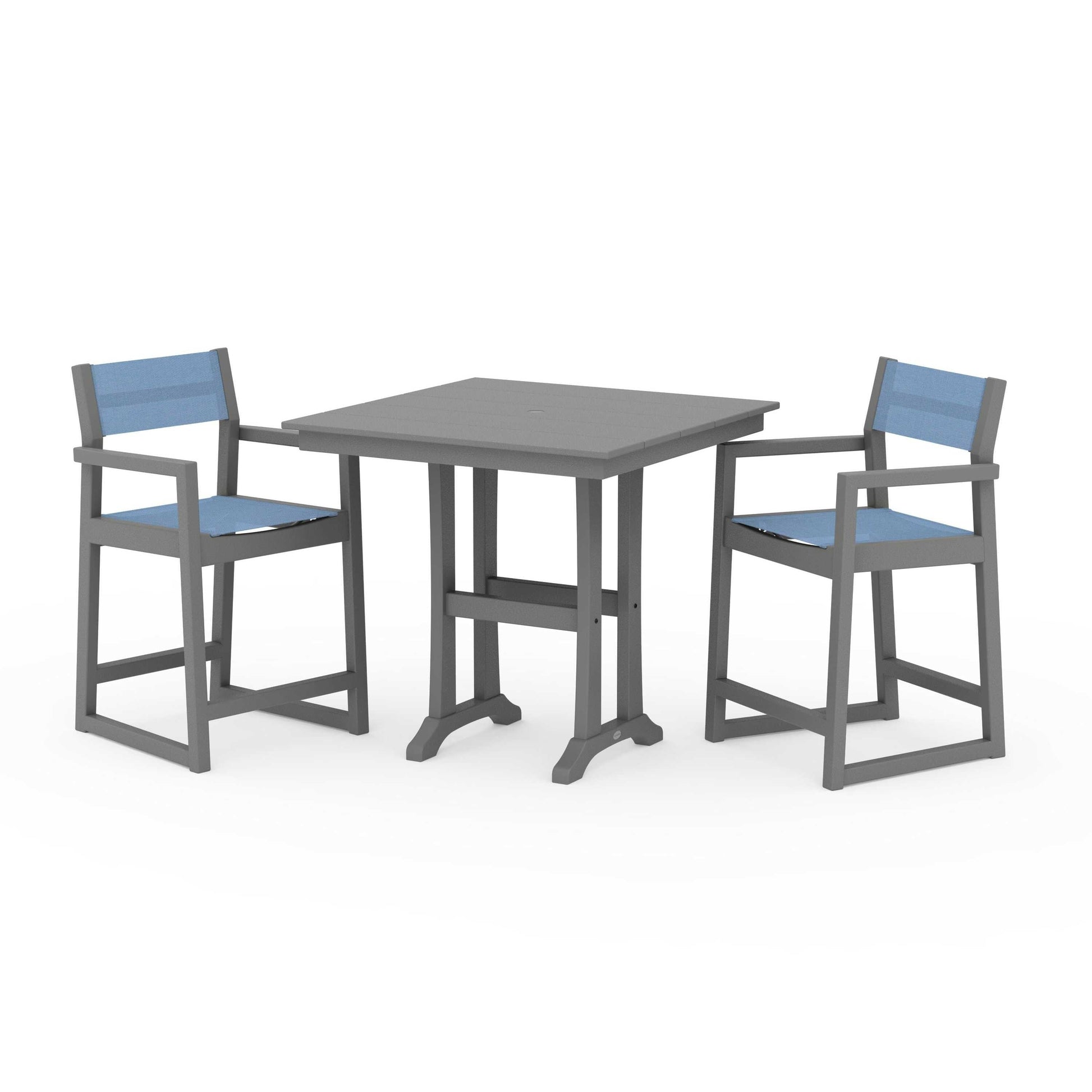 POLYWOOD EDGE Sling Arm Chair 3-Piece Farmhouse Counter Set with Trestle Legs — Slate Grey / Poolside Sling