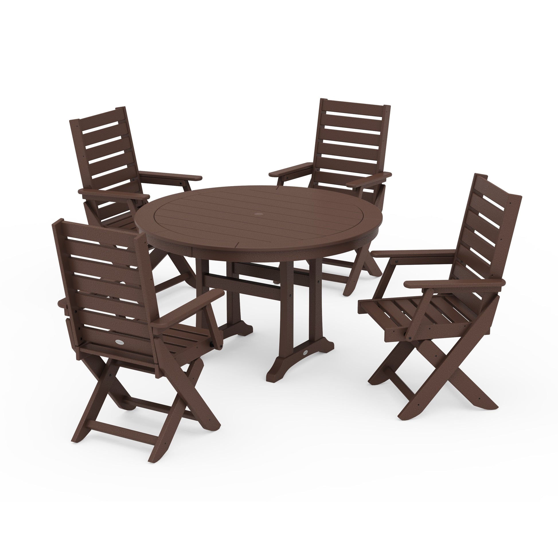 POLYWOOD Captain Folding Chair 5-Piece Round Dining Set with Trestle Legs — Mahogany
