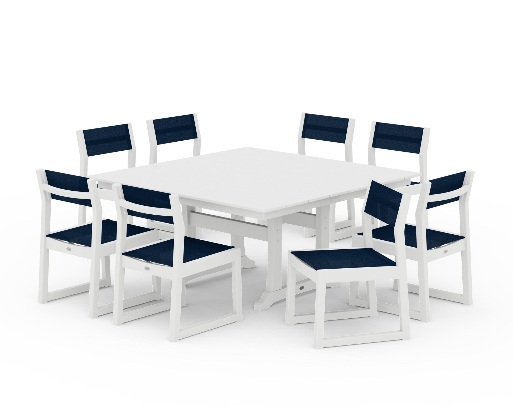 POLYWOOD EDGE Sling Side Chair 9-Piece Farmhouse Trestle Dining Set — White / Navy Blue Sling