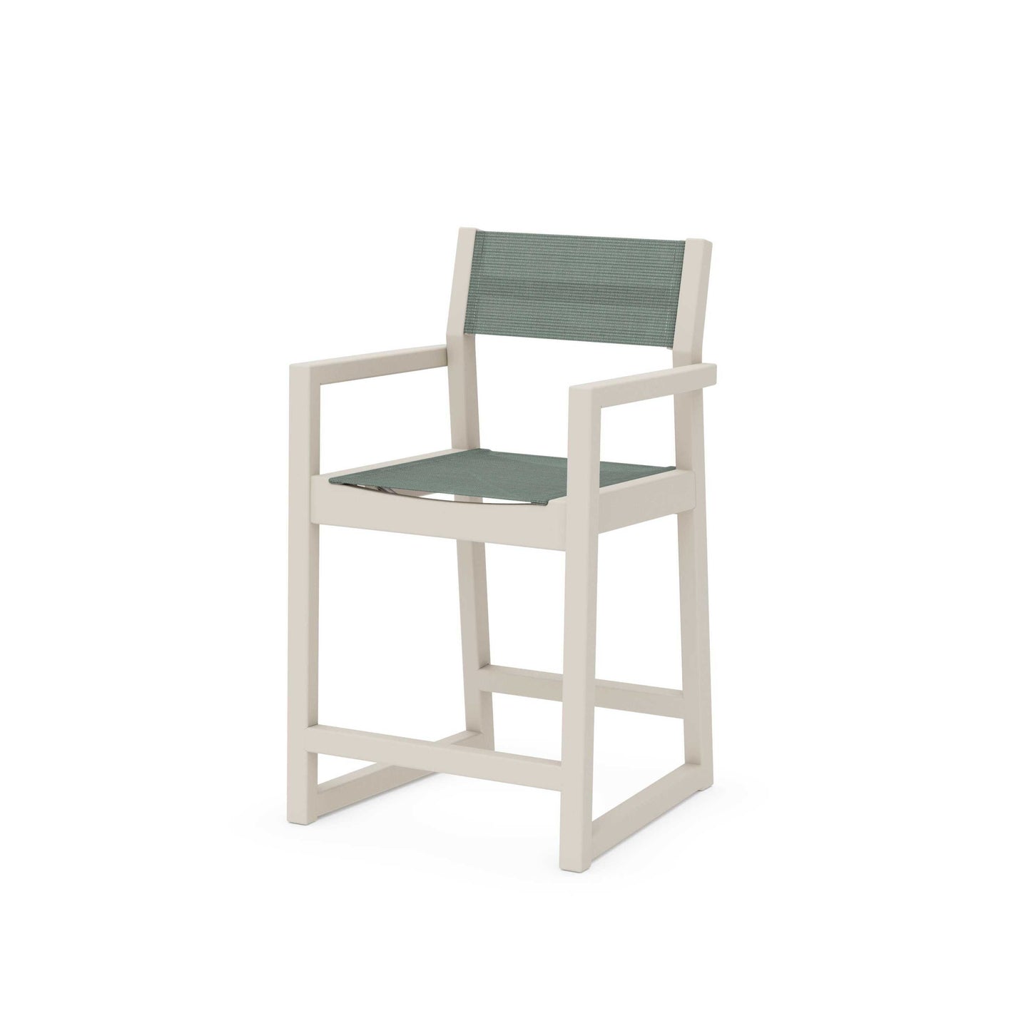 POLYWOOD EDGE Sling Counter Arm Chair — Sand / Dupioni Sea Mist Sling