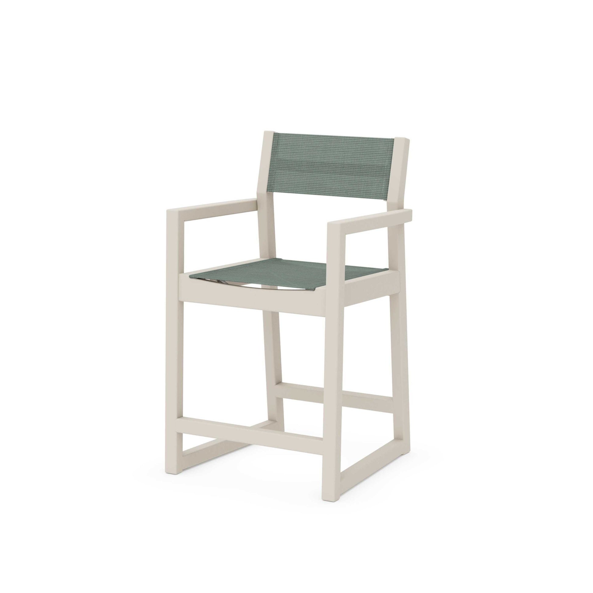POLYWOOD EDGE Sling Counter Arm Chair — Sand / Dupioni Sea Mist Sling
