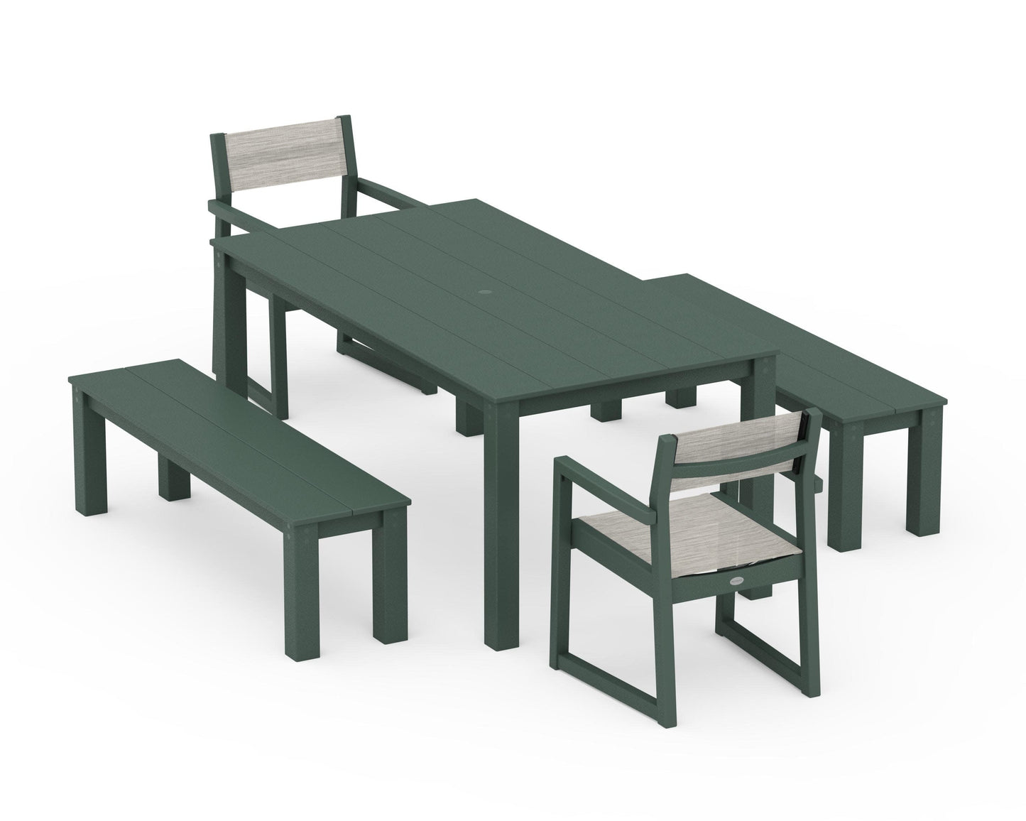 POLYWOOD EDGE Sling Arm Chair 5-Piece Parsons Dining Set with Benches — Green / Birch Sling