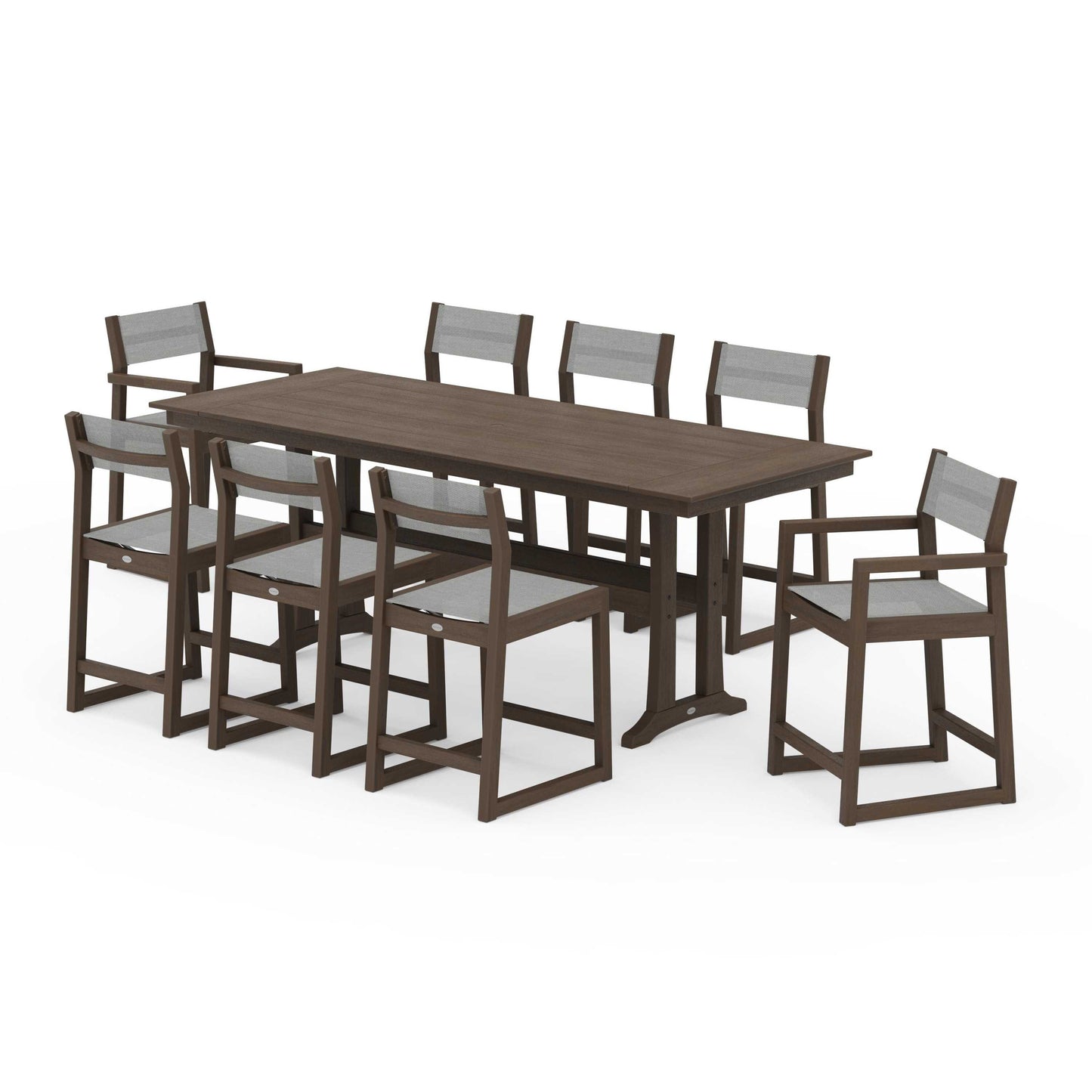 POLYWOOD EDGE Sling 9-Piece Farmhouse Counter Set with Trestle Legs — Kona / Metallic Sling