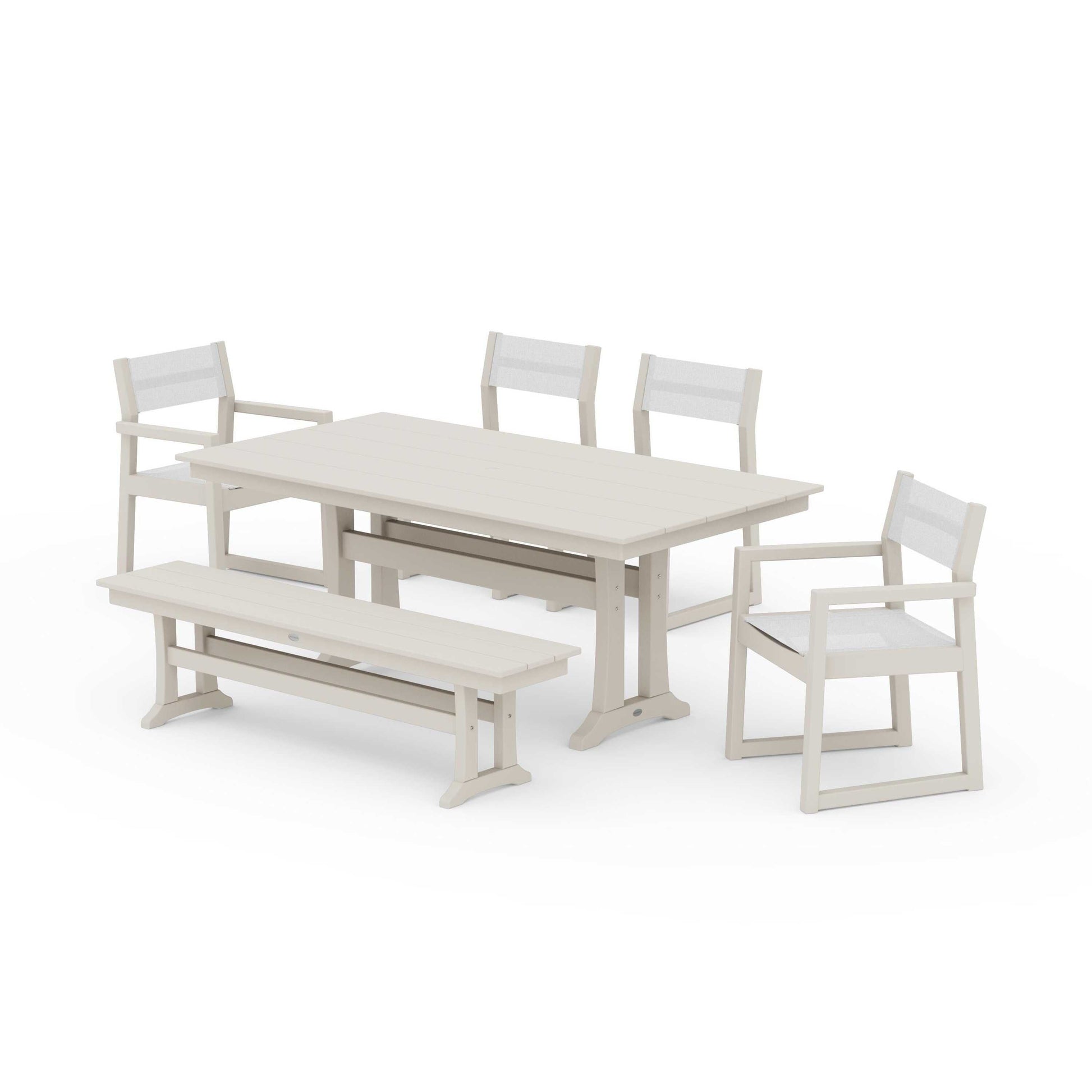 POLYWOOD EDGE Sling 6-Piece Farmhouse Dining Set With Trestle Legs — Sand / White Sling