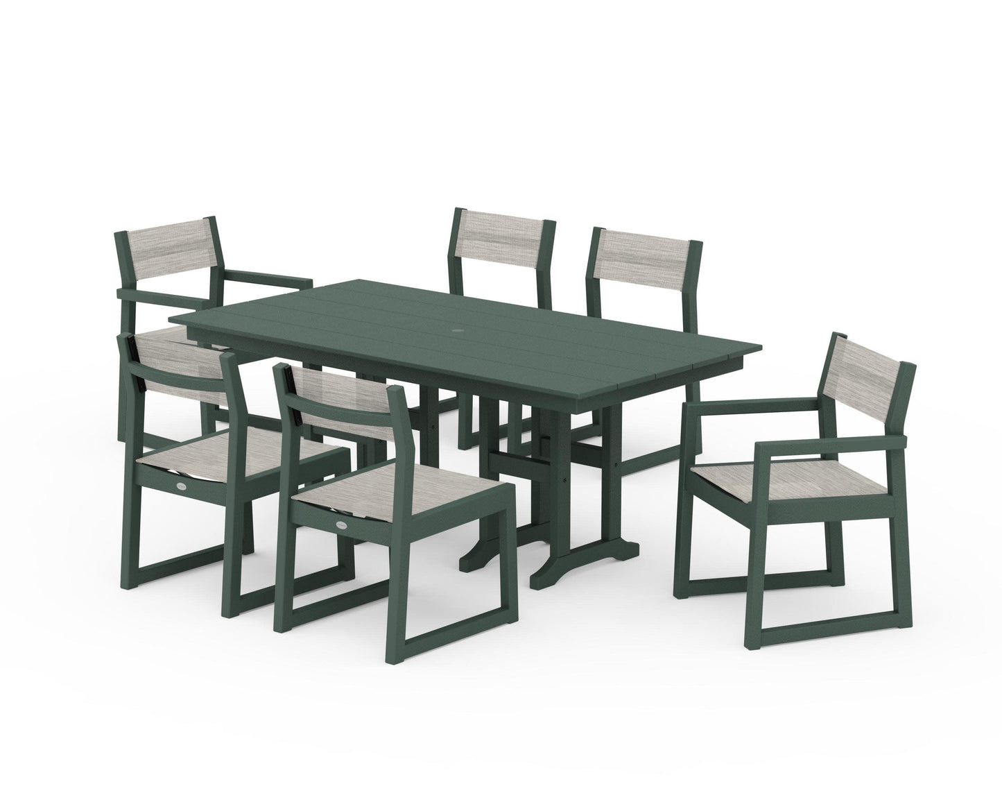 POLYWOOD EDGE Sling 7-Piece Farmhouse Dining Set — Green / Birch Sling
