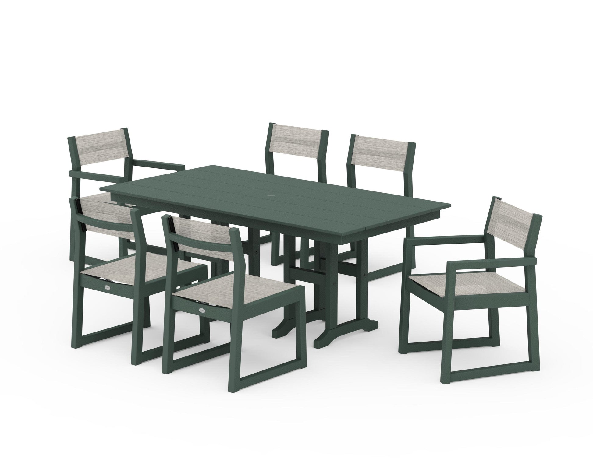 POLYWOOD EDGE Sling 7-Piece Farmhouse Dining Set — Green / Birch Sling