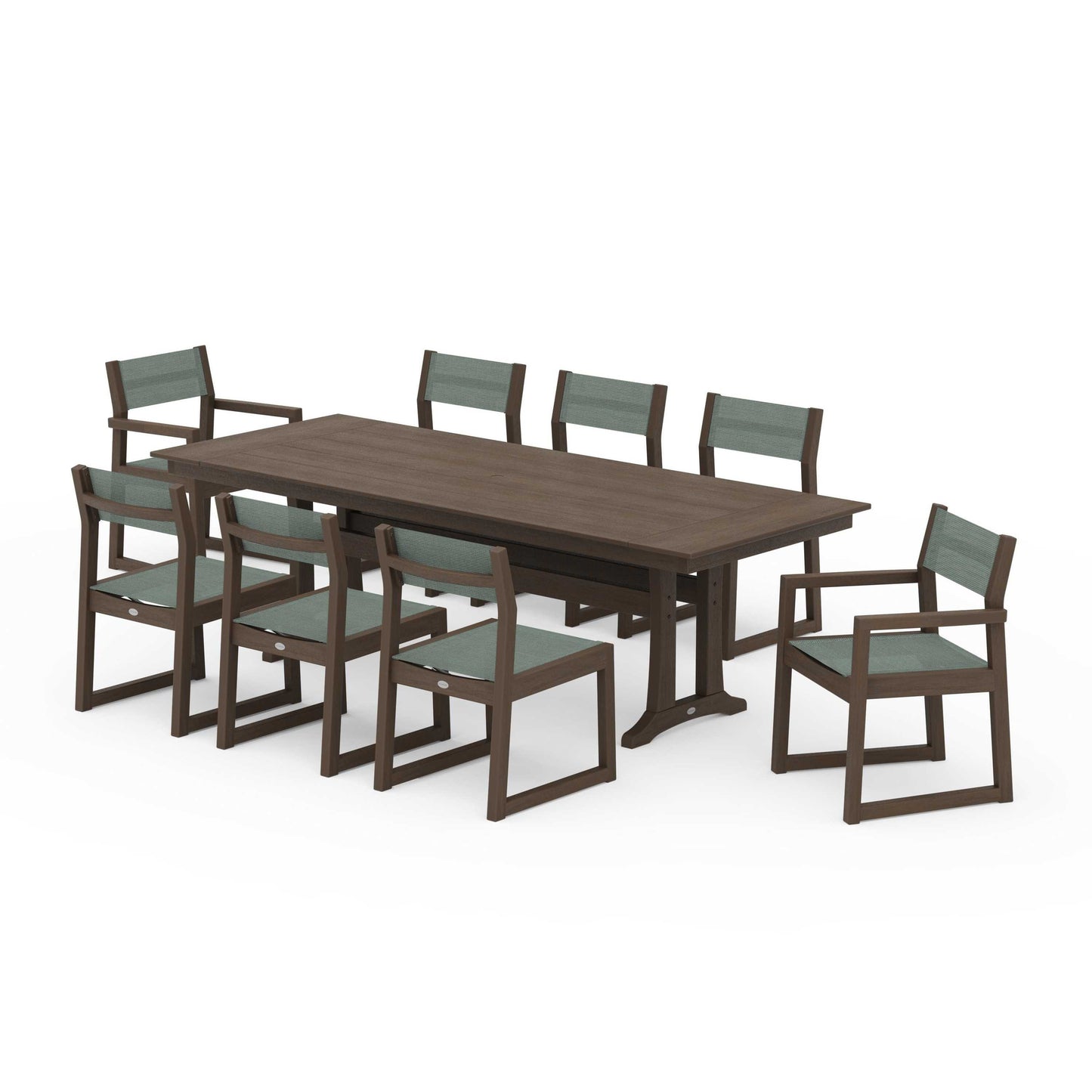 POLYWOOD EDGE Sling 9-Piece Farmhouse Trestle Dining Set — Kona / Dupioni Sea Mist Sling