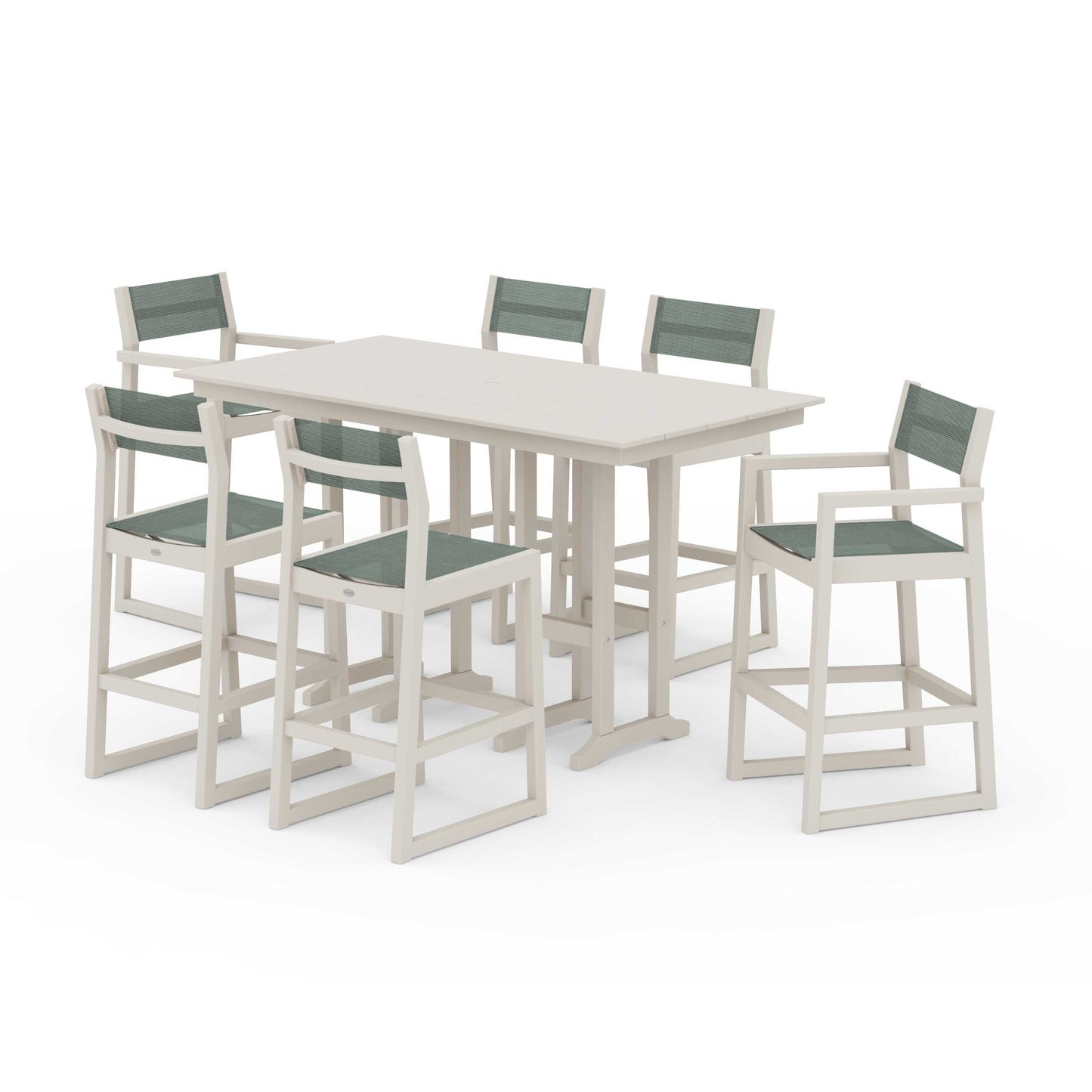 POLYWOOD EDGE Sling 7-Piece Farmhouse Bar Set — Sand / Dupioni Sea Mist Sling
