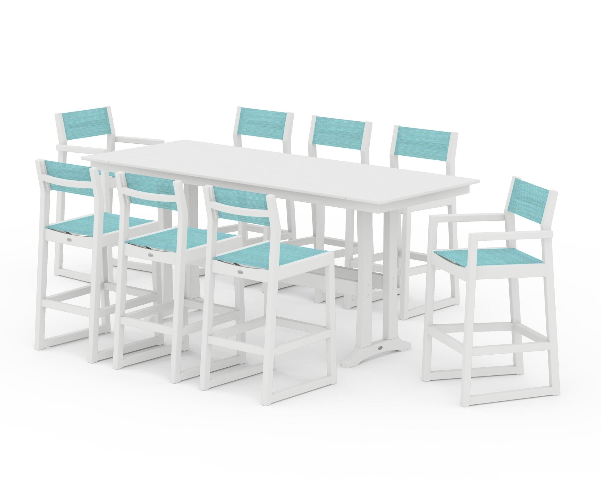 POLYWOOD EDGE Sling 9-Piece Farmhouse Bar Set with Trestle Legs — White / Dupioni Aquamarine Sling