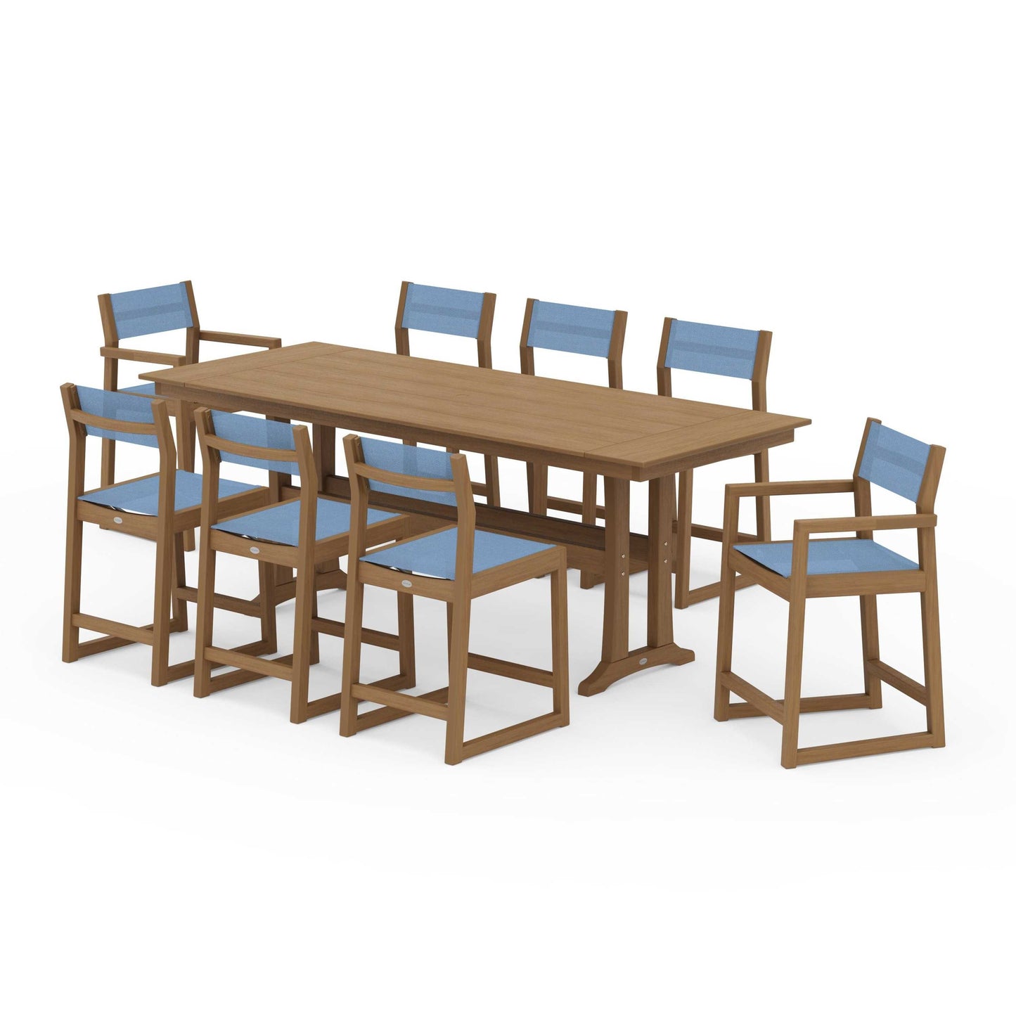 POLYWOOD EDGE Sling 9-Piece Farmhouse Counter Set with Trestle Legs — Natural / Poolside Sling