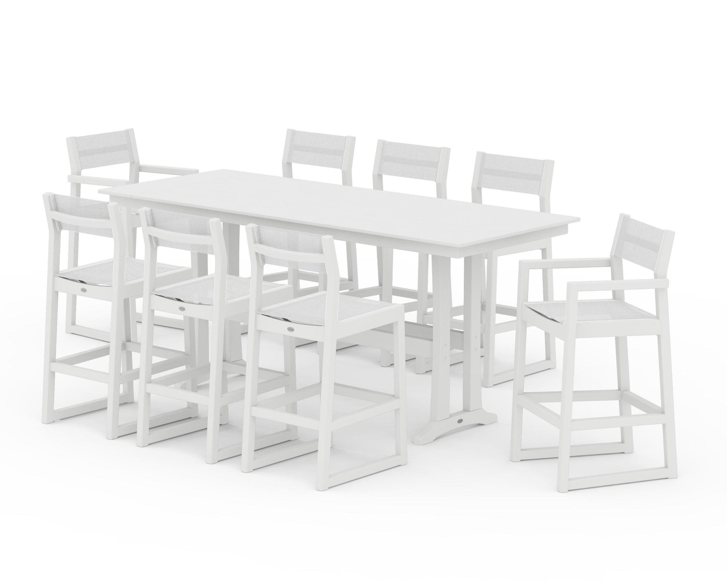 POLYWOOD EDGE Sling 9-Piece Farmhouse Bar Set with Trestle Legs — White / White Sling