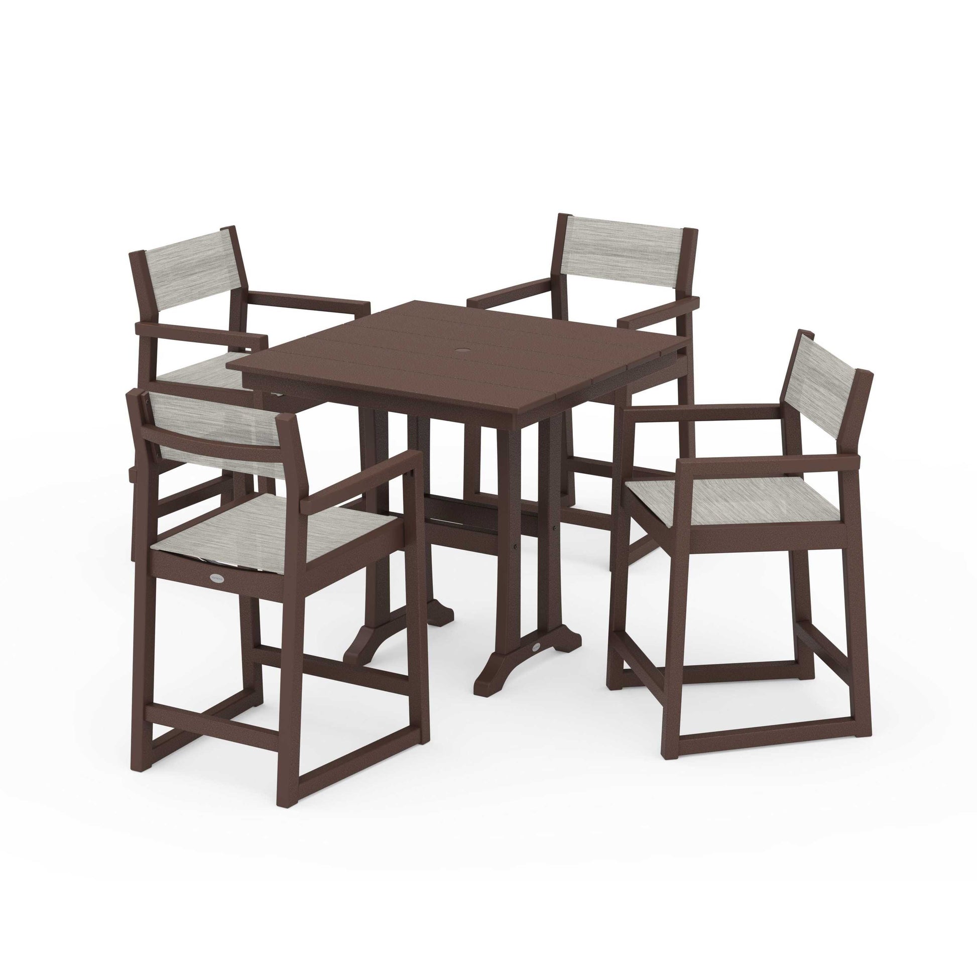 POLYWOOD EDGE Sling Arm Chair 5-Piece Farmhouse Counter Set with Trestle Legs — Mahogany / Birch Sling