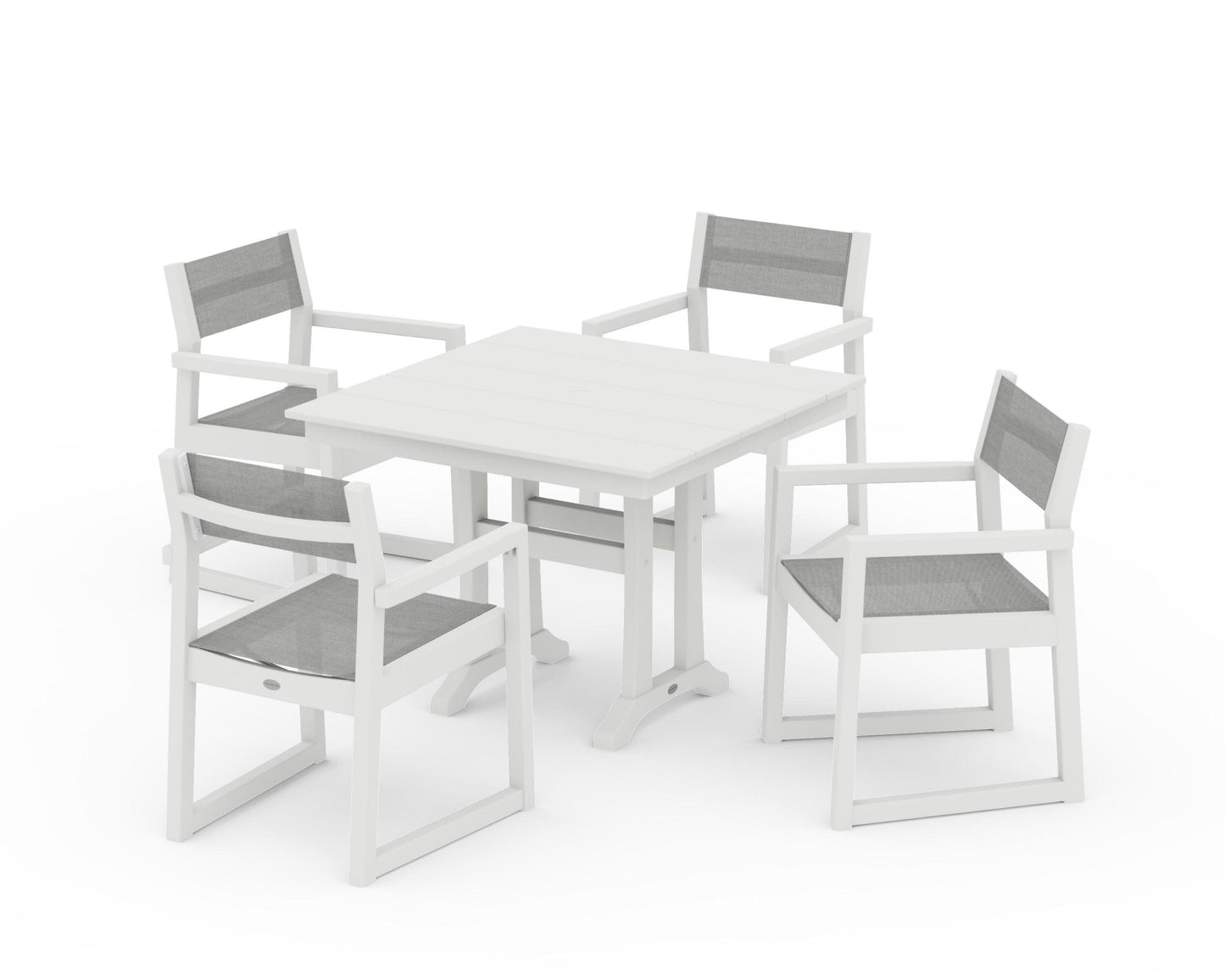 POLYWOOD EDGE Sling 5-Piece Farmhouse Dining Set with Trestle Legs — Vintage White / Metallic Sling