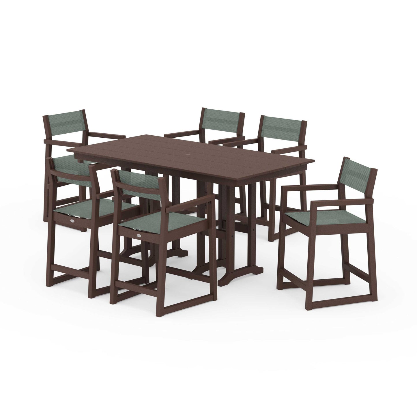 POLYWOOD EDGE Sling Arm Chair 7-Piece Farmhouse Counter Set — Mahogany / Dupioni Sea Mist Sling