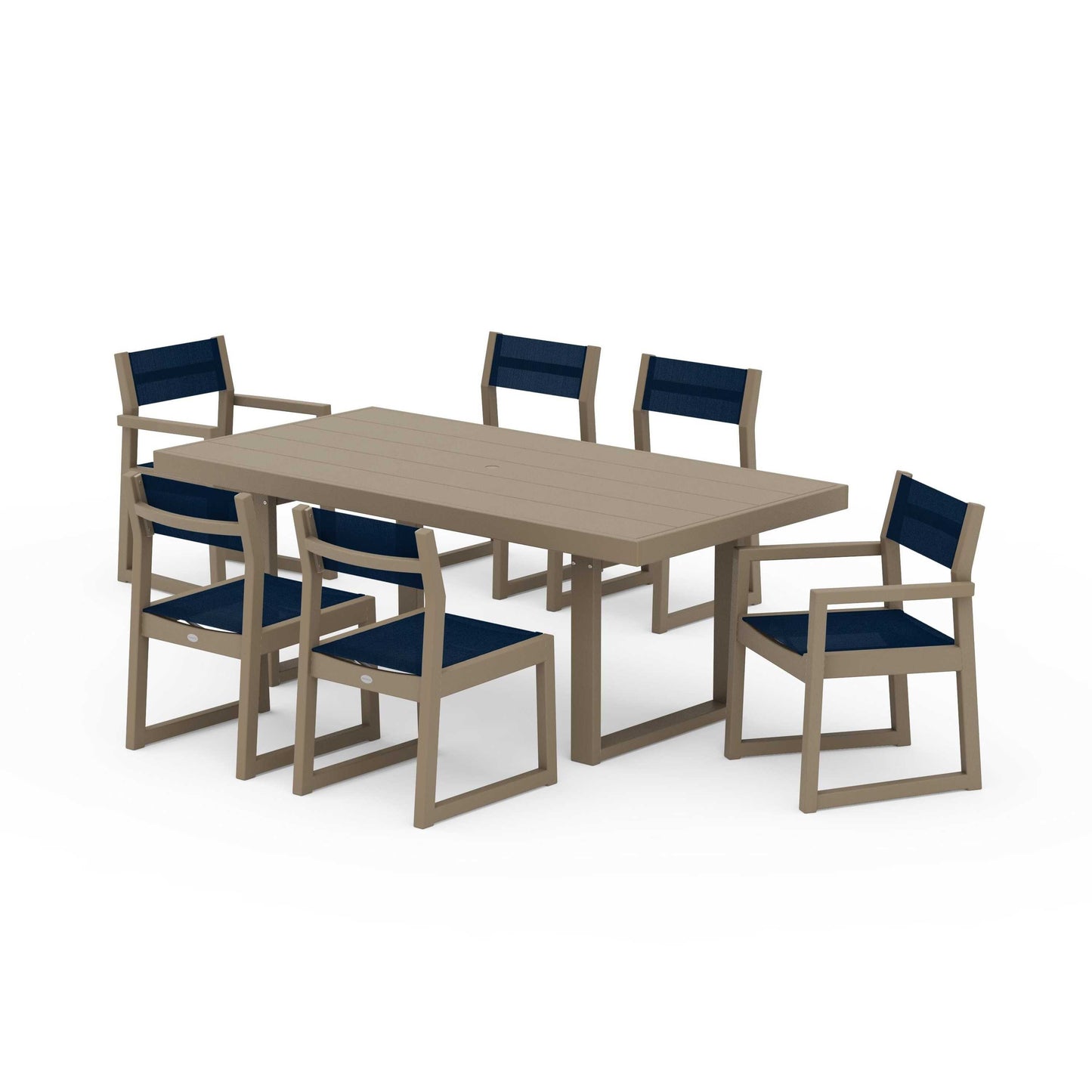 POLYWOOD EDGE Sling 7-Piece Dining Set — Vintage Sahara / Navy Blue Sling