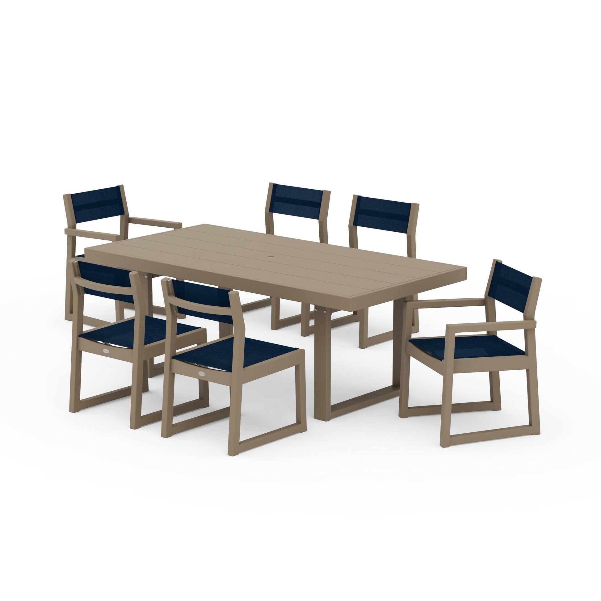 POLYWOOD EDGE Sling 7-Piece Dining Set — Vintage Sahara / Navy Blue Sling