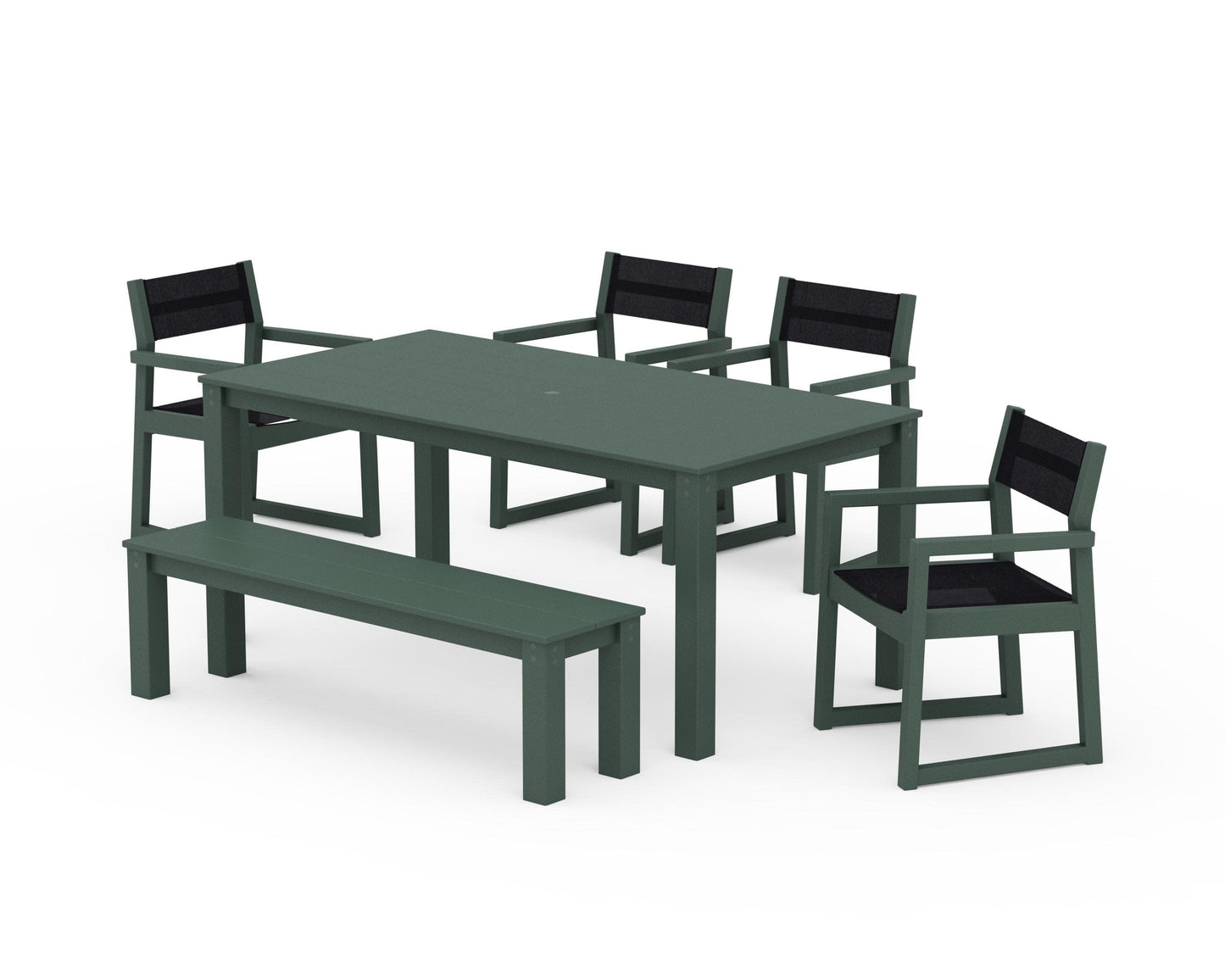 POLYWOOD EDGE Sling Arm Chair 6-Piece Parsons Dining Set with Bench — Green / Black Sling