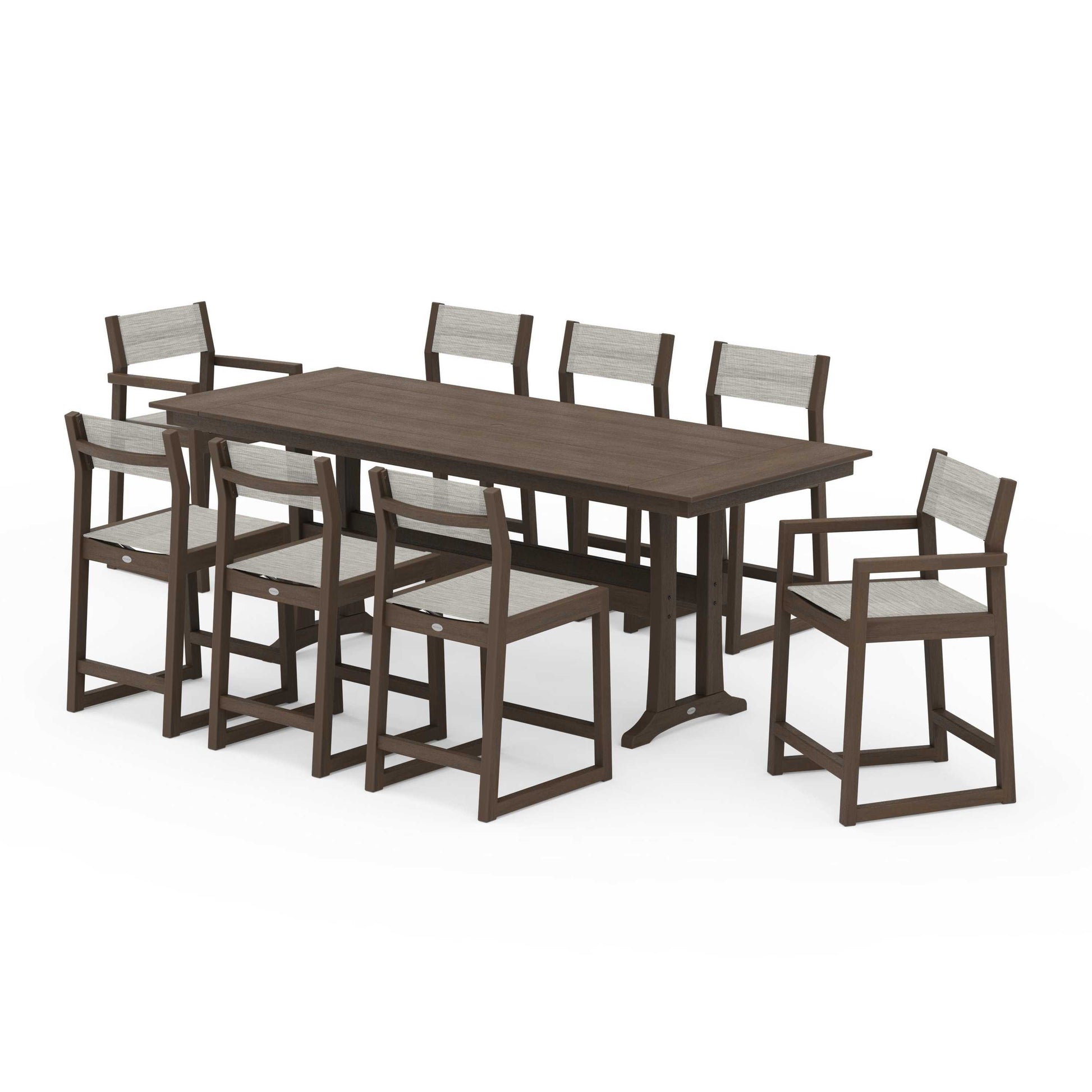 POLYWOOD EDGE Sling 9-Piece Farmhouse Counter Set with Trestle Legs — Kona / Birch Sling