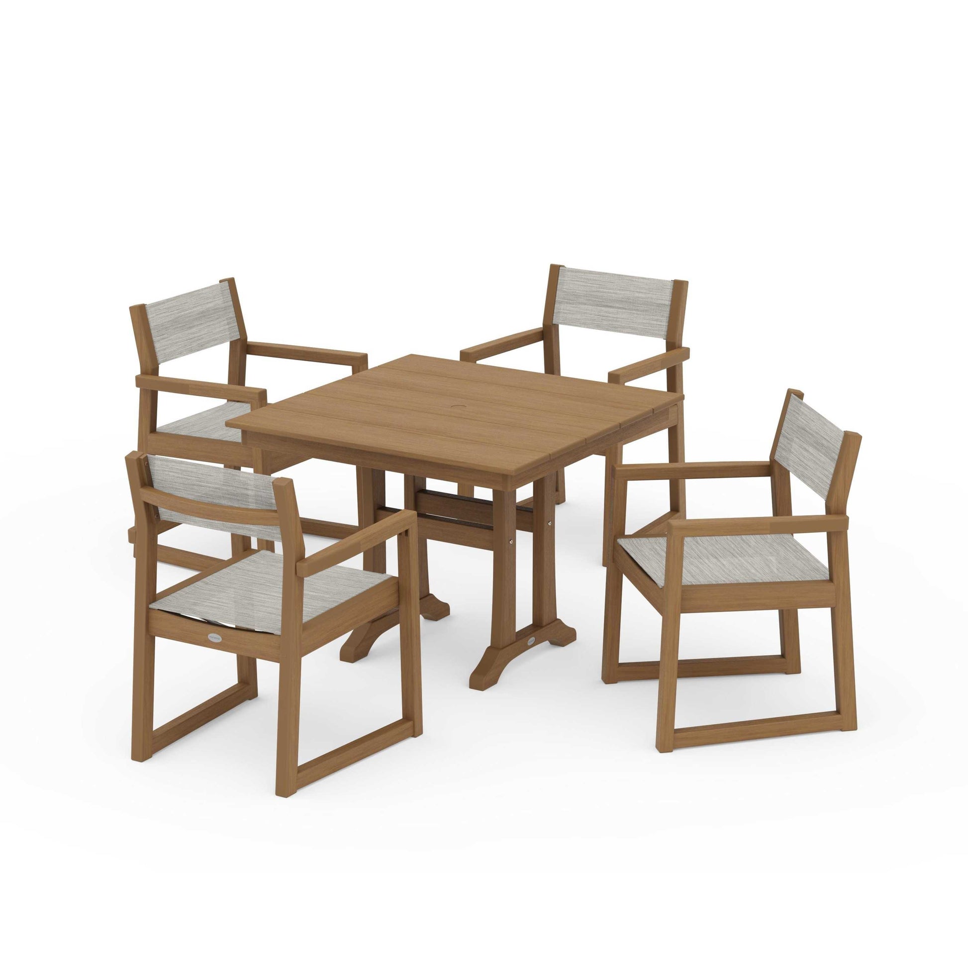 POLYWOOD EDGE Sling 5-Piece Farmhouse Dining Set with Trestle Legs — Natural / Birch Sling