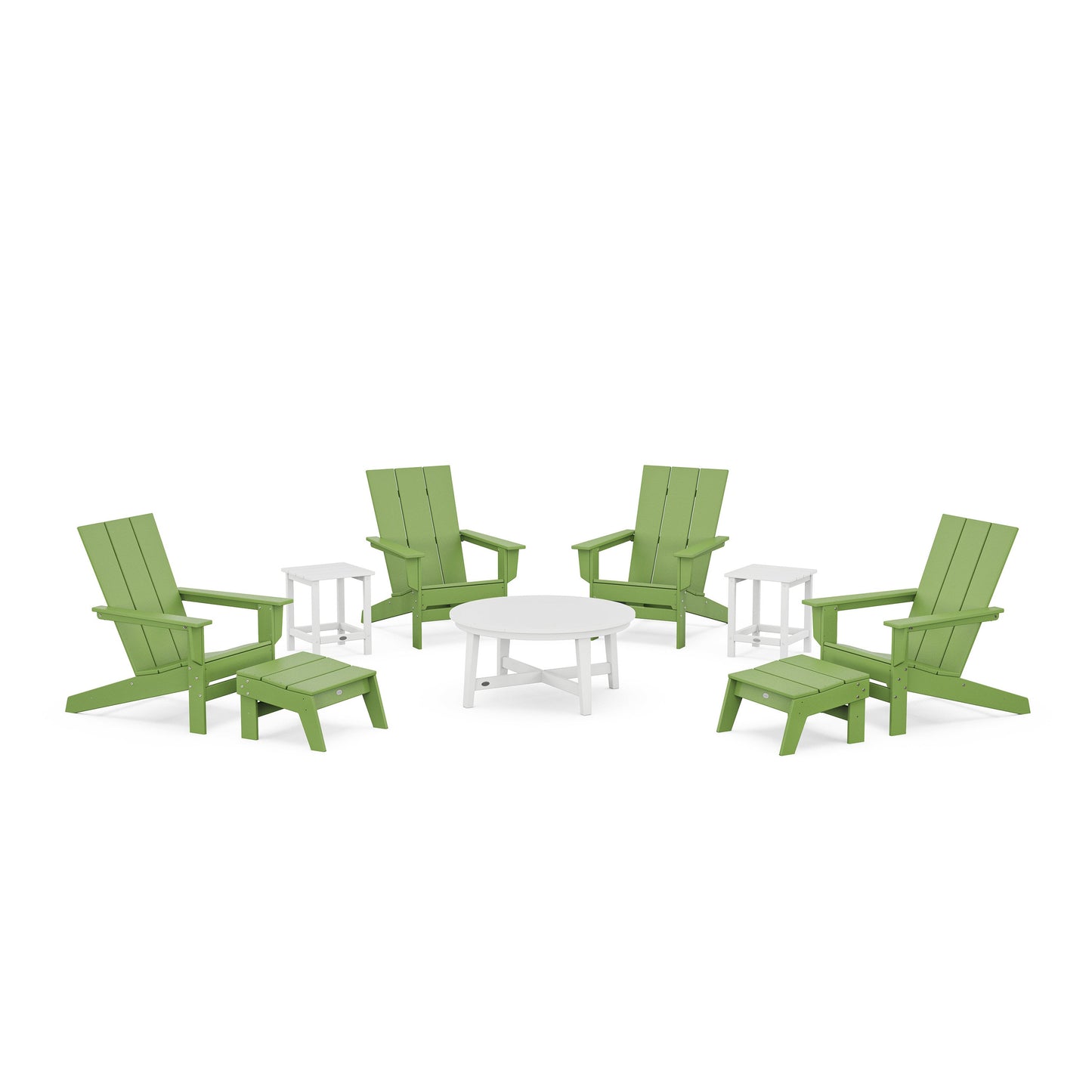 POLYWOOD Modern Studio Adirondack 9-Piece Conversation Set — Lime / White