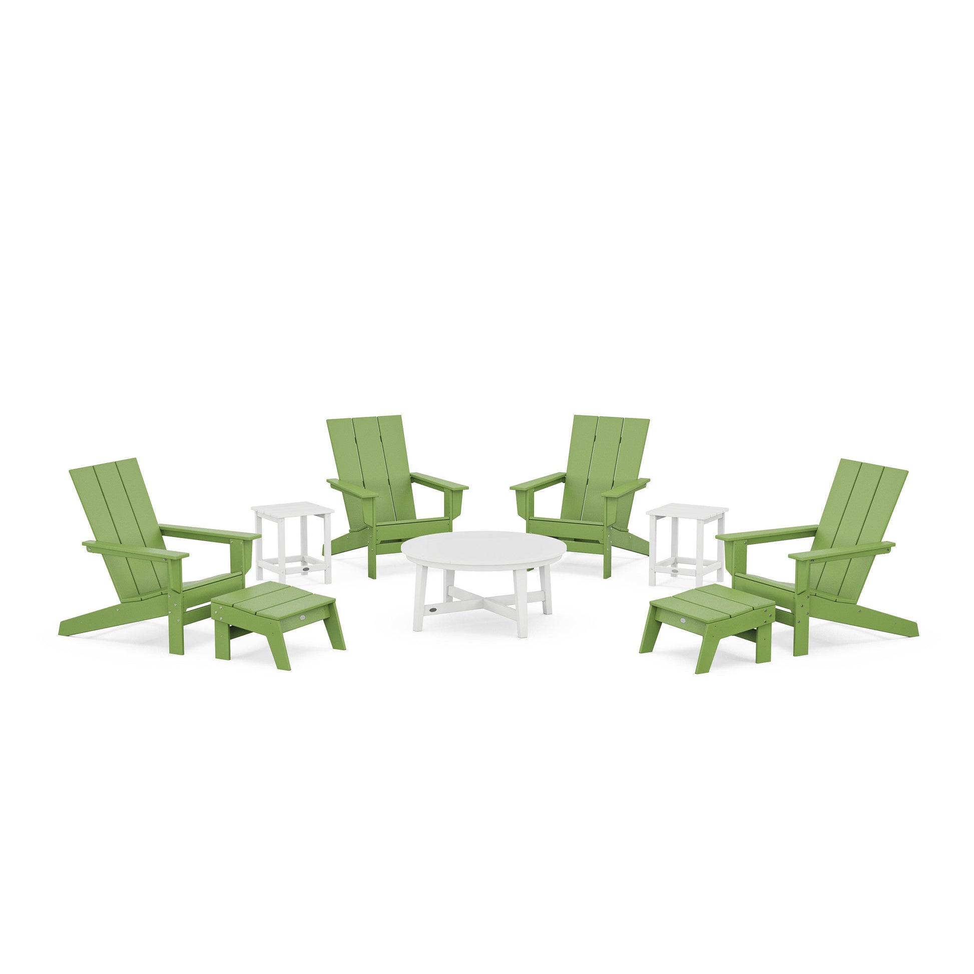 POLYWOOD Modern Studio Adirondack 9-Piece Conversation Set — Lime / White