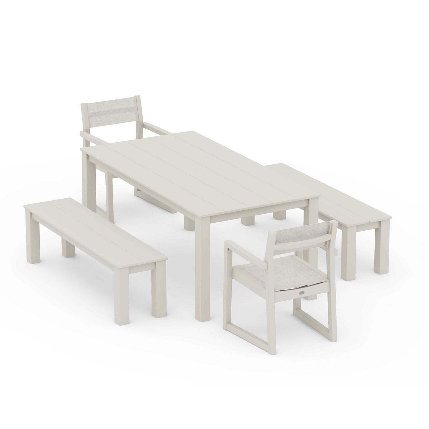 POLYWOOD EDGE Sling Arm Chair 5-Piece Parsons Dining Set with Benches — Sand / Parchment Sling
