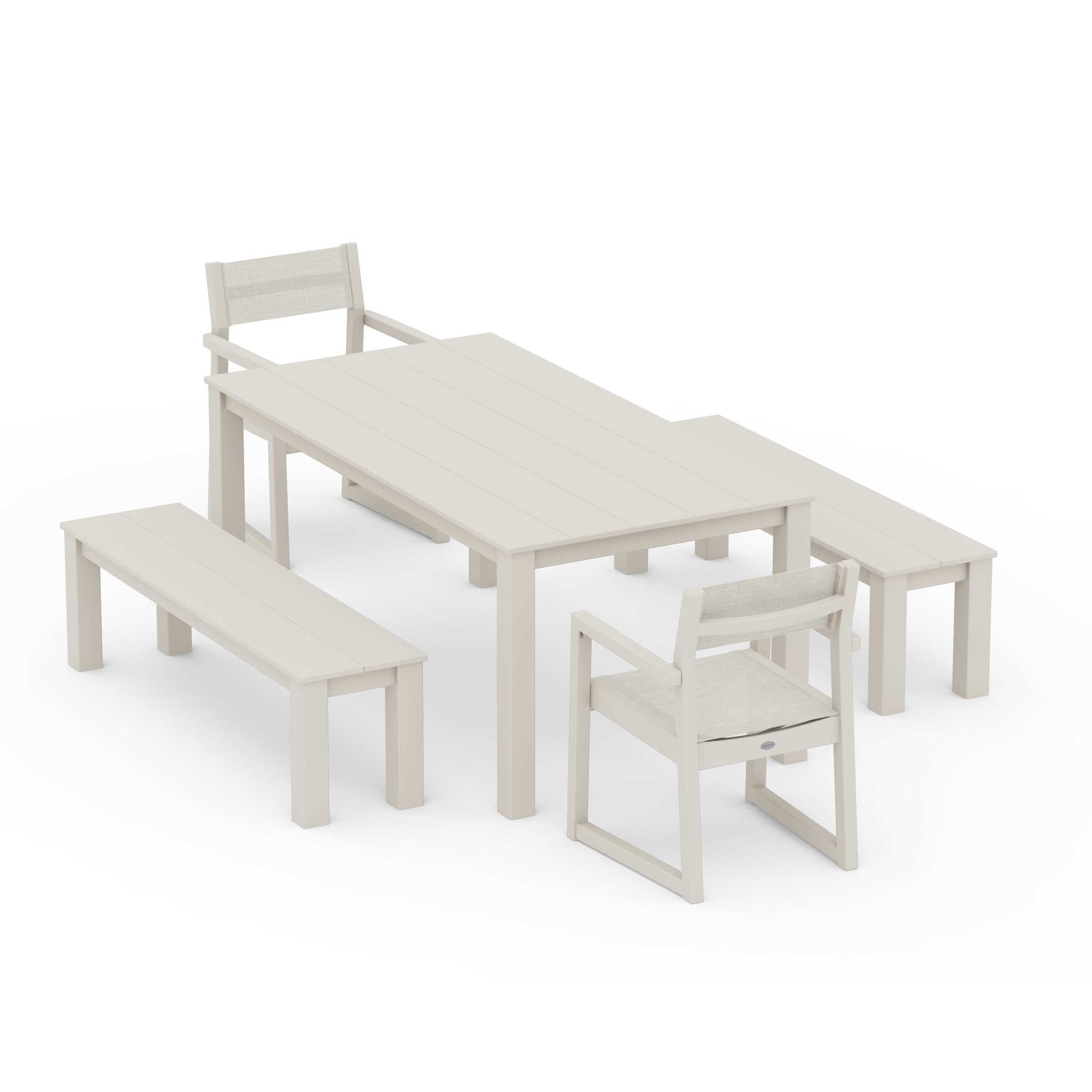 POLYWOOD EDGE Sling Arm Chair 5-Piece Parsons Dining Set with Benches — Sand / Parchment Sling