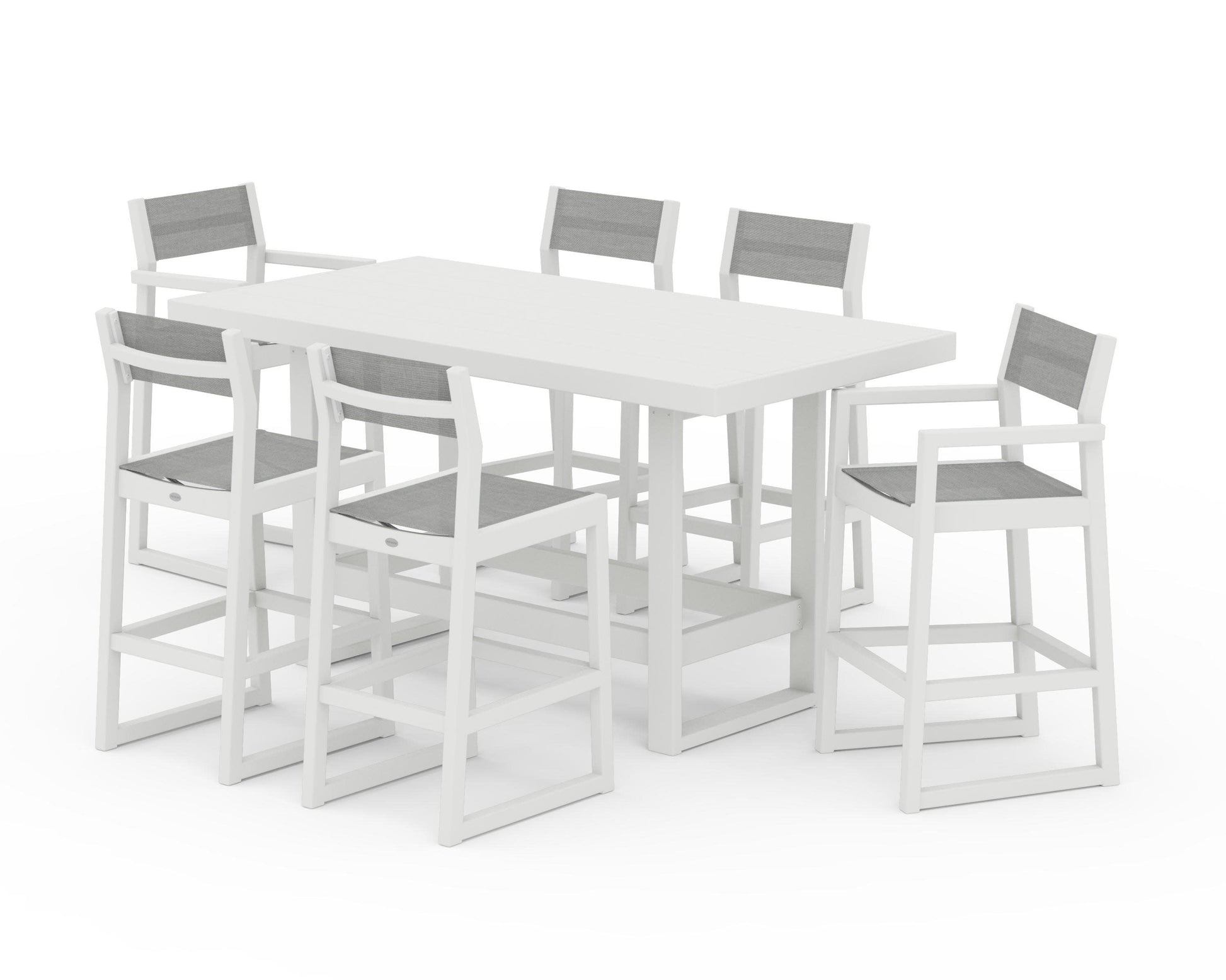 POLYWOOD EDGE Sling 7-Piece Bar Table Set — Vintage White / Metallic Sling
