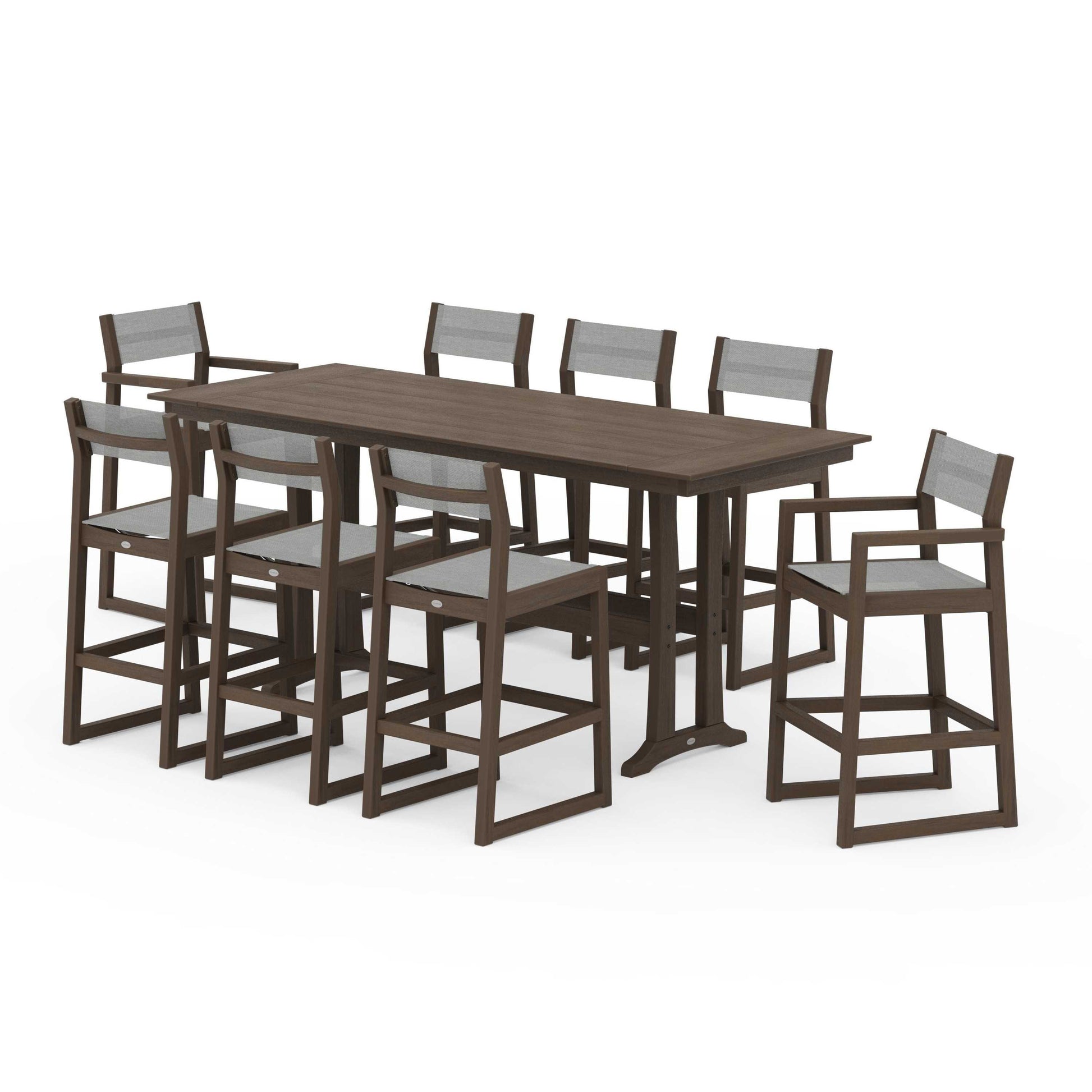 POLYWOOD EDGE Sling 9-Piece Farmhouse Bar Set with Trestle Legs — Kona / Metallic Sling