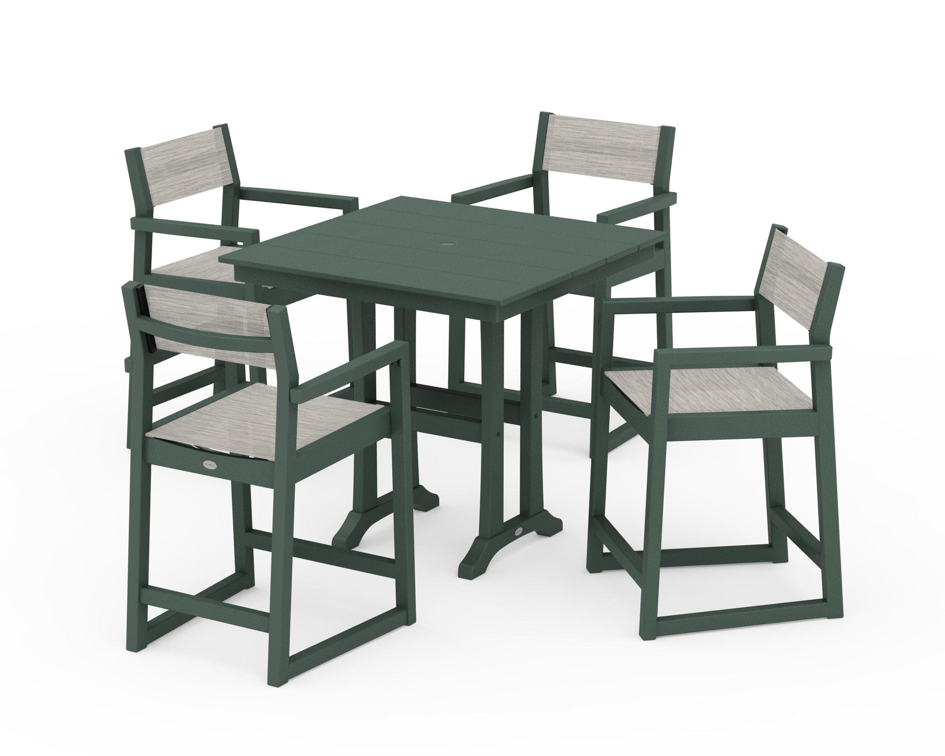 POLYWOOD EDGE Sling Arm Chair 5-Piece Farmhouse Counter Set with Trestle Legs — Green / Birch Sling