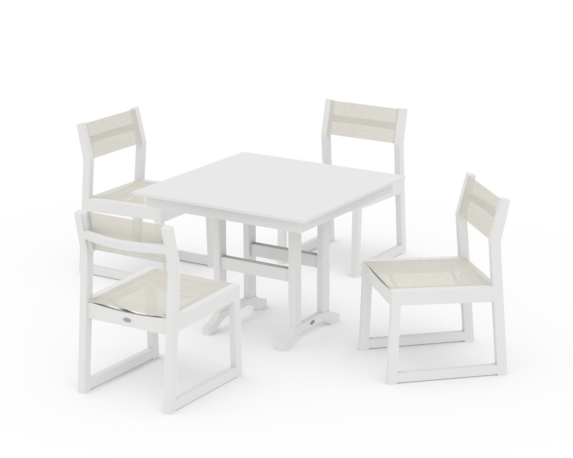 POLYWOOD EDGE Sling Side Chair 5-Piece Farmhouse Dining Set — White / Parchment Sling