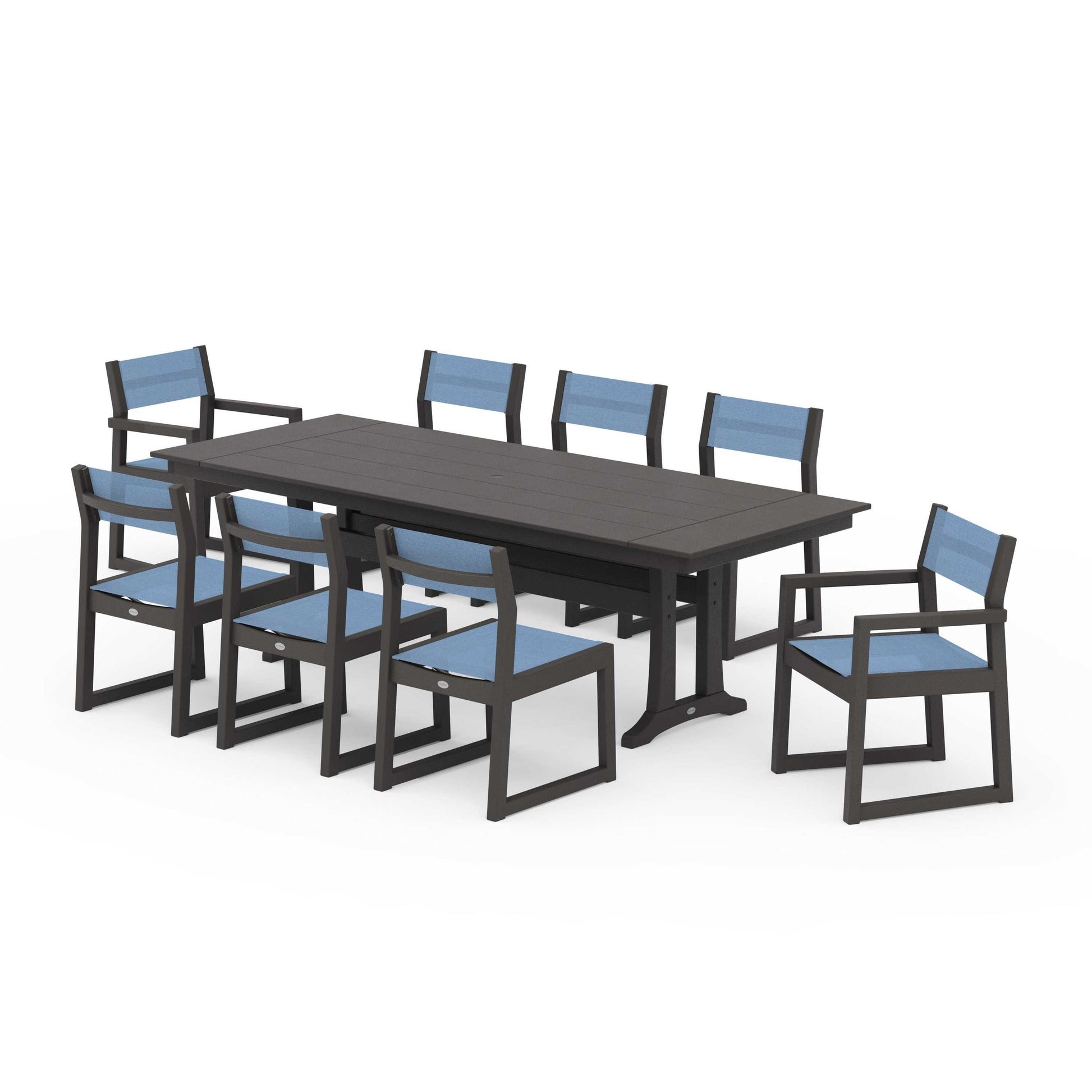 POLYWOOD EDGE Sling 9-Piece Farmhouse Trestle Dining Set — Vintage Coffee / Poolside Sling