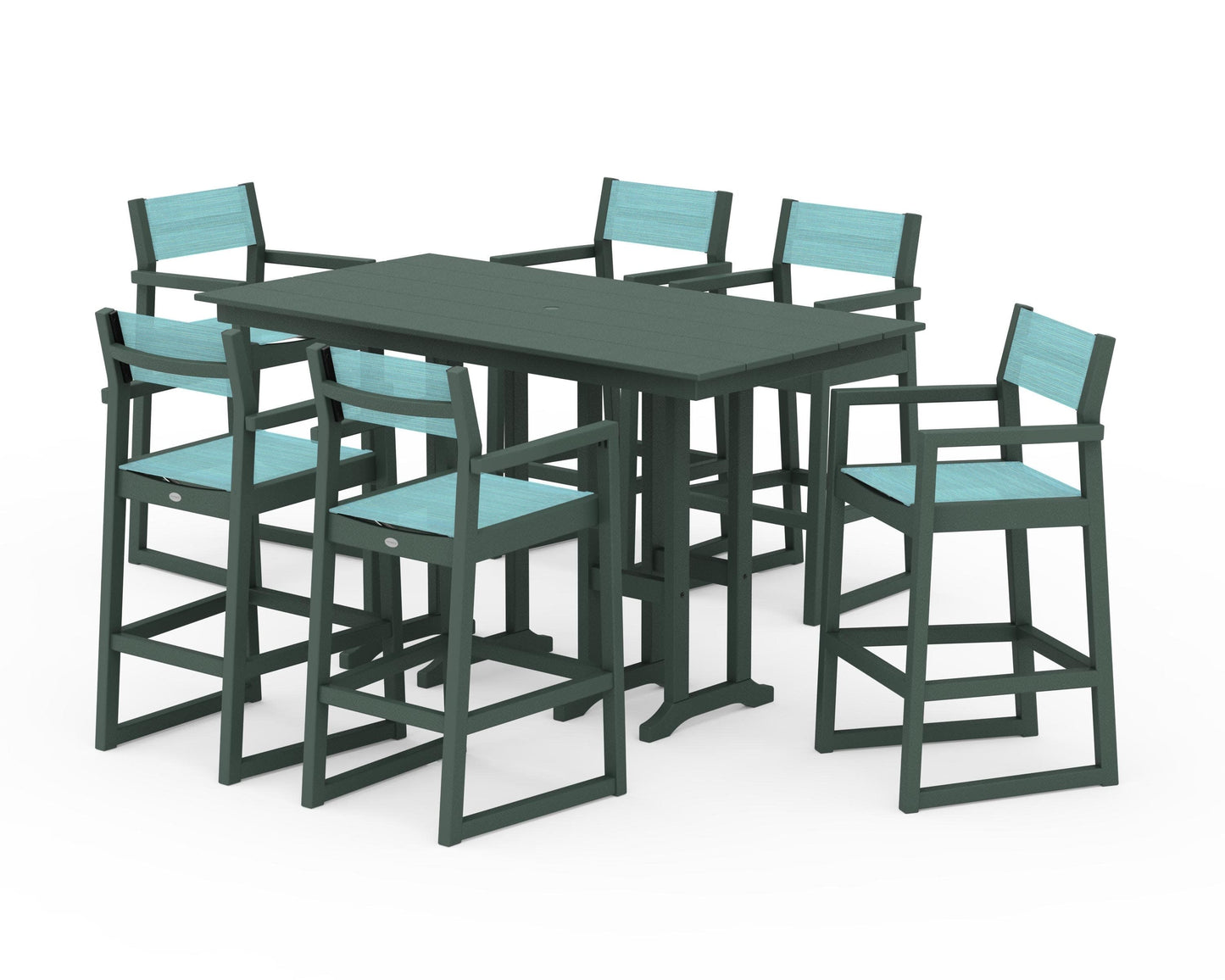 POLYWOOD EDGE Sling Arm Chair 7-Piece Farmhouse Bar Set — Green / Dupioni Aquamarine Sling